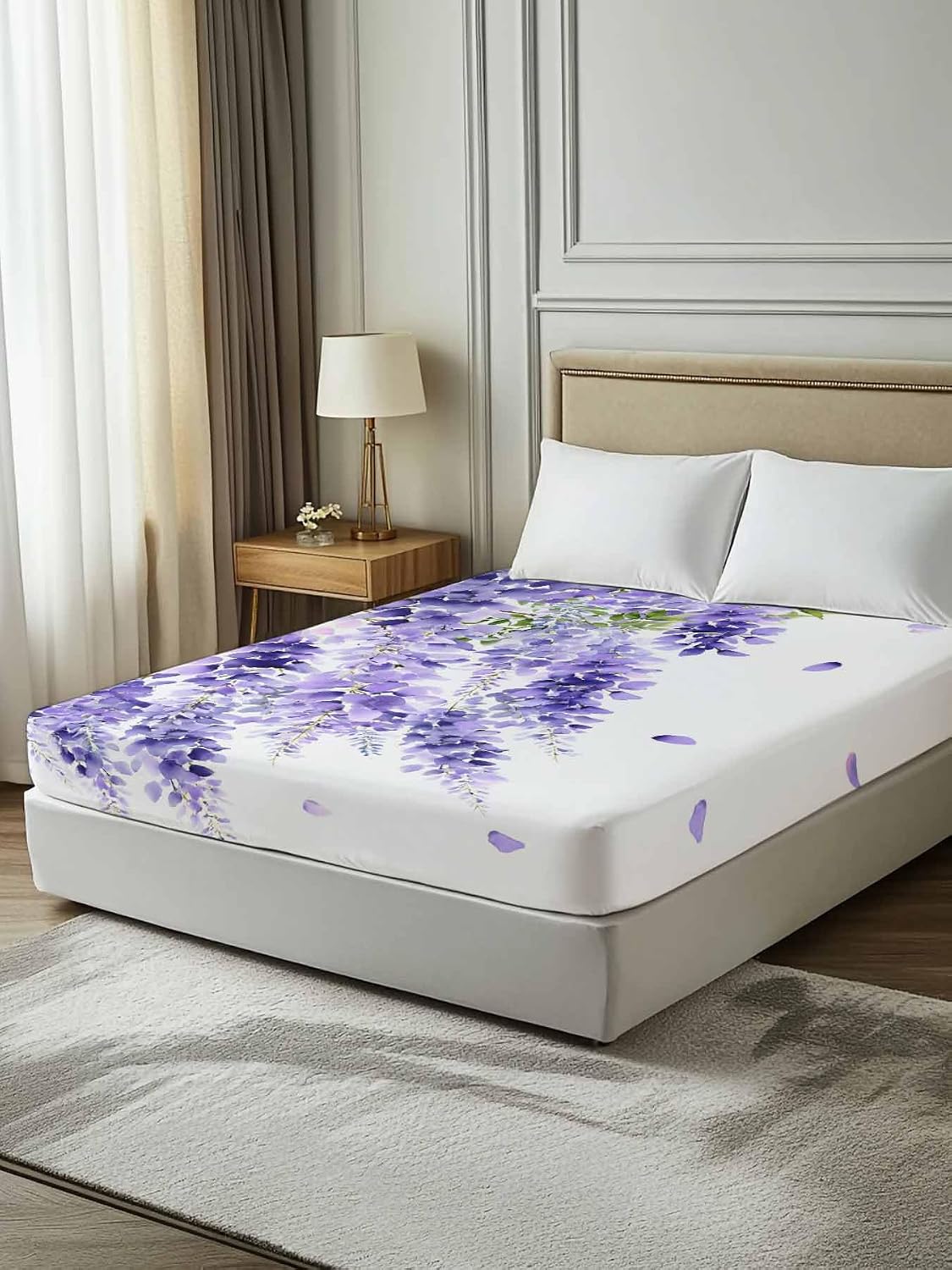 Top Sheet Full Bedding Flat Sheet Only, Farm Purple Vineflowers Microfiber Bed Sheets Soft Breathable Bedding Flat Sheets, Country Floral Art Hotel Luxury Top Sheets