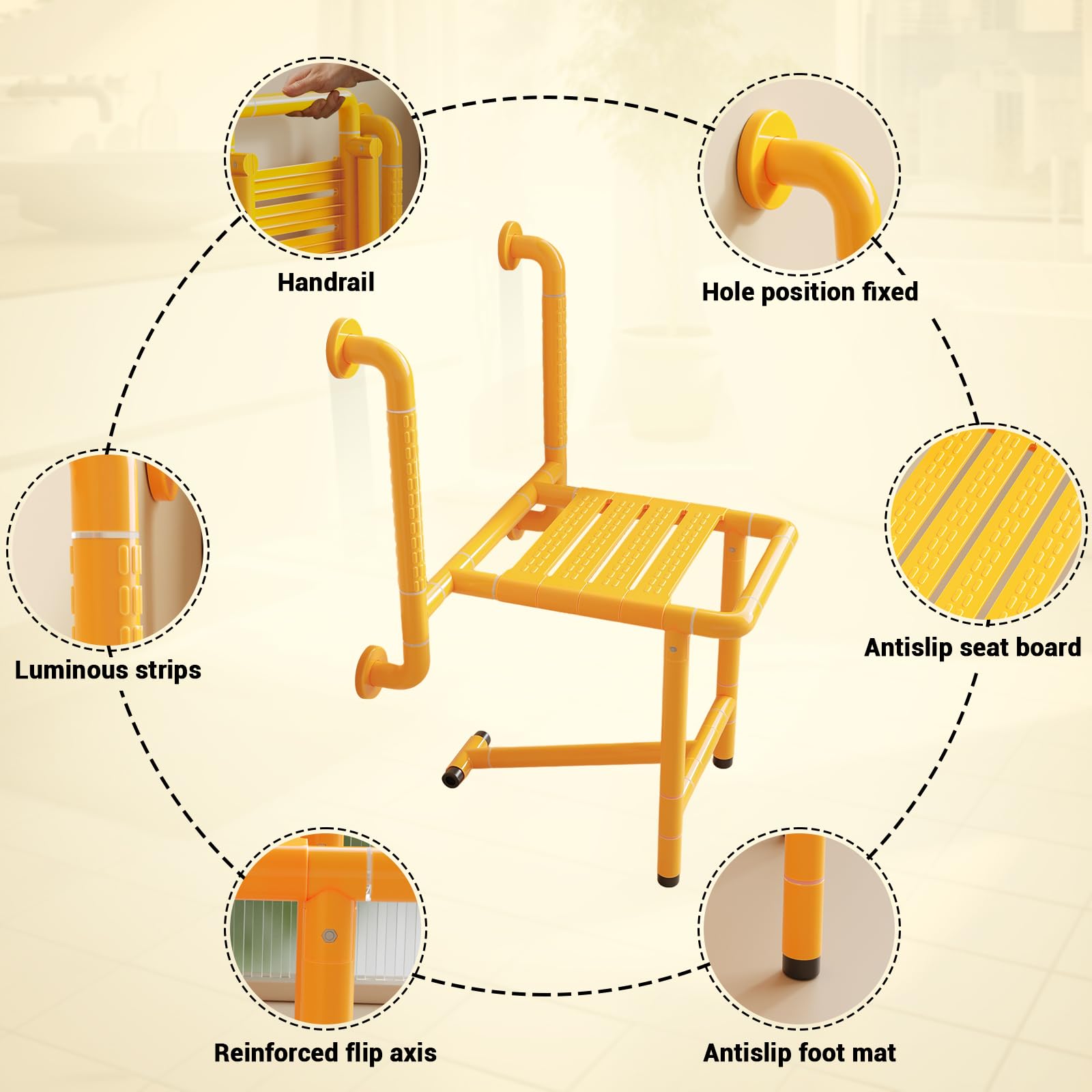 Taburete de ducha plegable, asiento de ducha plegable con reposabrazos, acero inoxidable, para montaje en pared hasta 150 kg, ahorra espacio, seguridad para personas mayores discapacitadas