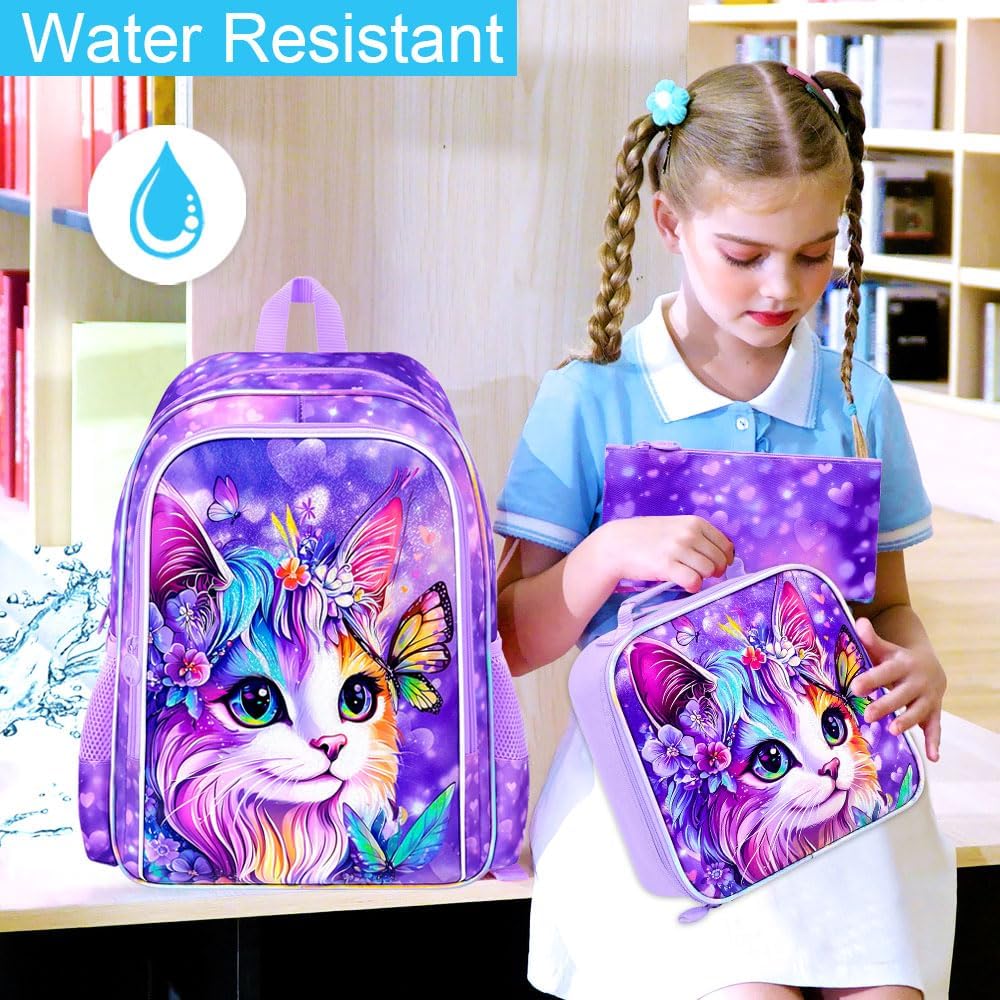 16" Cat Backpack for Girls, 3Pcs Kids School Backpacks with Lunch Box, Bookbag for Elementary Preschool Kindergarten(Purple)
