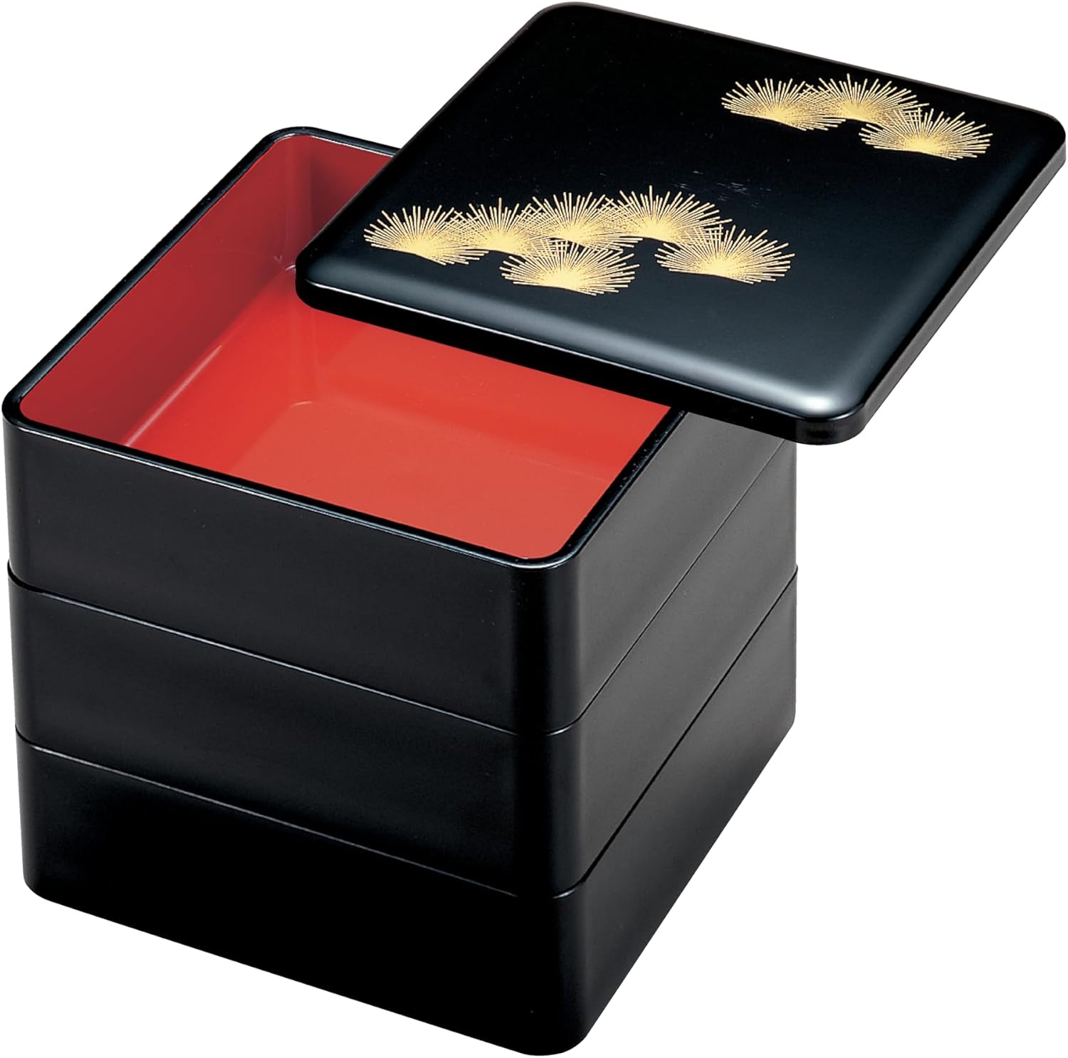 割烹漆器﻿ 若泉漆器 重箱 D.X6.5寸重 重厚型 黒内朱塗 若松３段H-156-9A