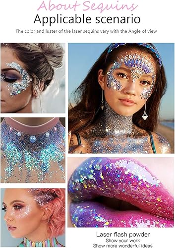 Miniatura 5 de Gel con purpurina de 2 colores para rostro y cuerpo, maquillaje, cara, cabello, lentejuelas de sirena, purpurina gruesa holográfica para cabello,