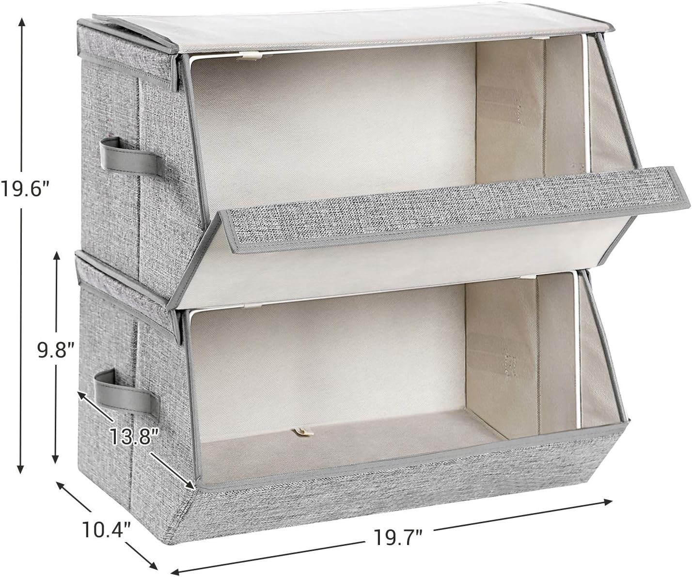 SONGMICS Stackable Storage Bins, Set of 2 Fabric Storage Boxes with Lids, with Magnetic Closures, Lid Can Stay Open after Stacking, 19.7 x 13.8 x 9.8 Inches, Light Gray URLB03GY
