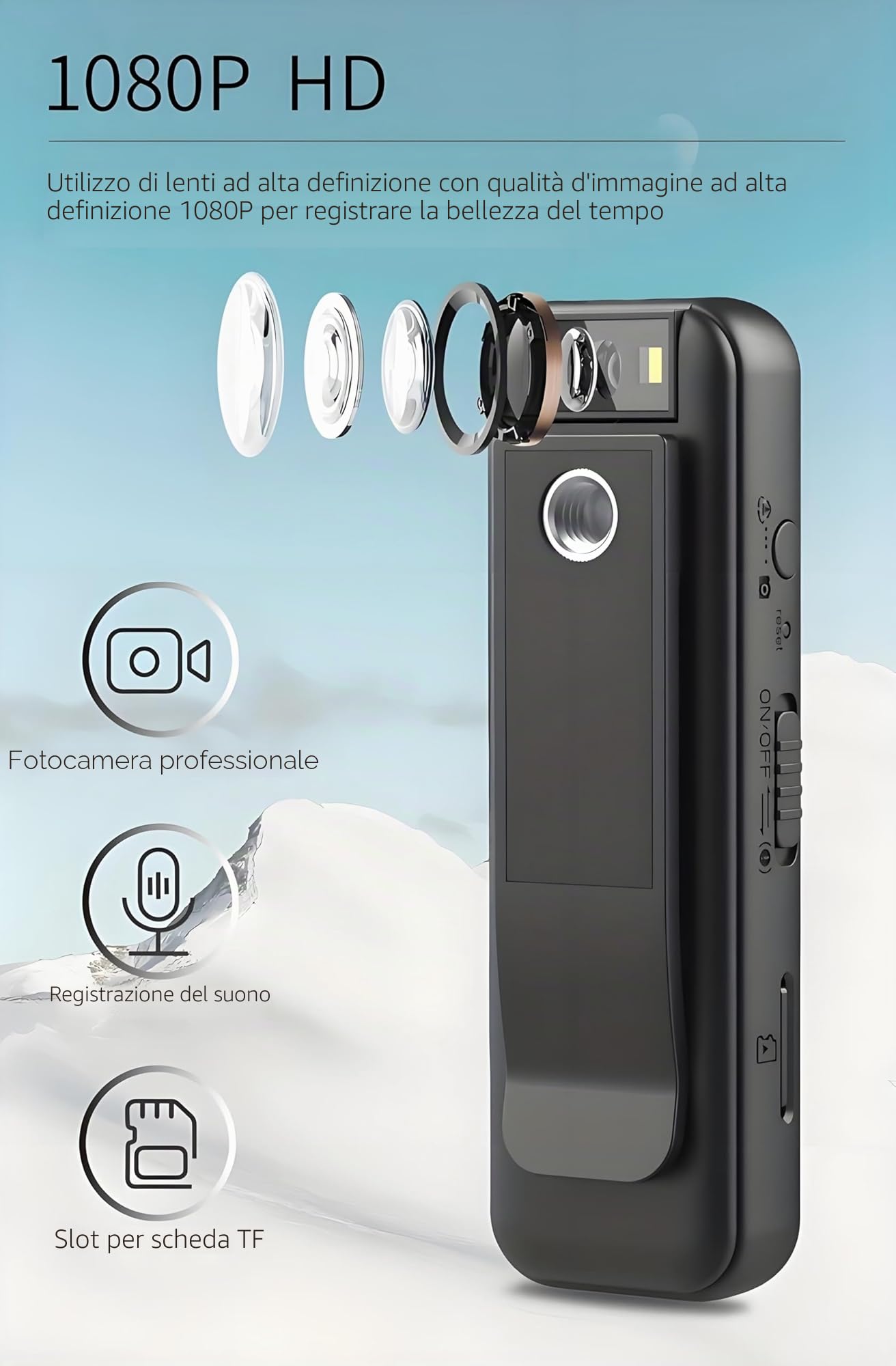 Mini fotocamera portatile da 1080P, con clip magnetica, obiettivo girevole a 180°, 128 GB fino a 7 ore, registrazione e luce LED per riunioni e bici all'aperto