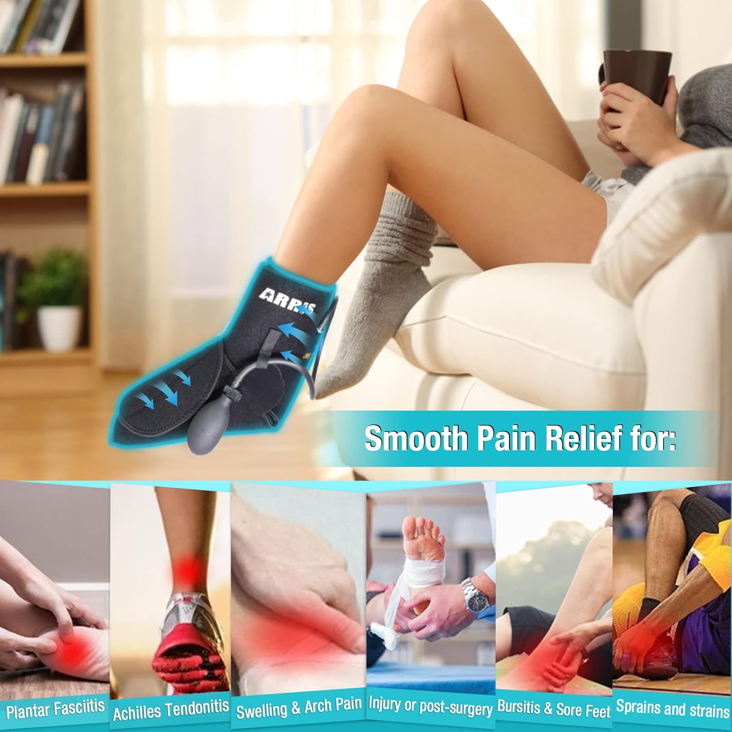 Ankle Ice Pack Wrap with Cold Compression - ARRIS Foot Ice Pack Wrap with Air Pump for Ankle Pain Relief - Hot Cold Gel Compress Pack for Achilles Tendon Injuries, Plantar Fasciitis, Men Women