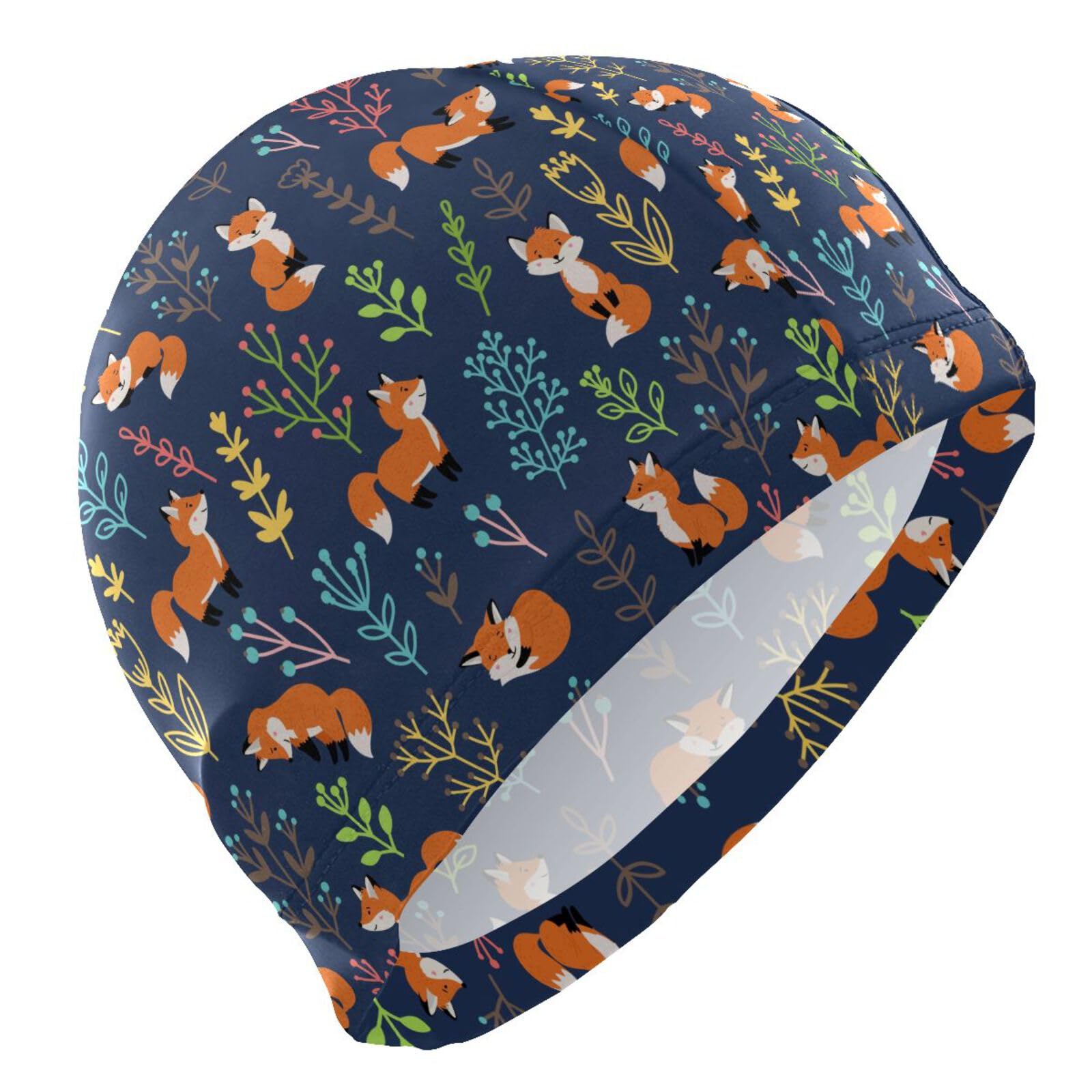 Dallonan Swimming Cap Unisex Adult Swim Cap Cartoon Funny Foxes Branches Polyester
