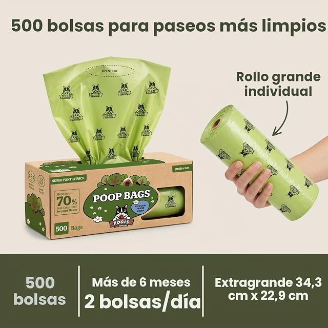 Foto 6 de 8 de Pogi bolsas para excrementos de perro - aroma fresco, grandes y herméticas - 1 rollo grande (500 bolsas)