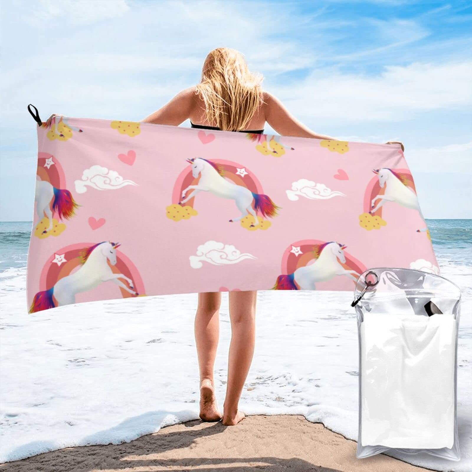 Lawenp Unicorns with Rainbows Microfiber Beach Towel Adults Large Quick Drying Bath Towel Travel Towels with Pouch 31.5"x63"