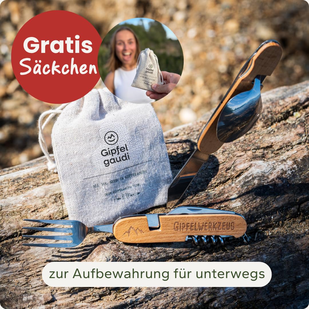Gipfelgaudi All-in-One Camping Besteck: ideal zum Wandern, Picknick & mehr I Plastikfreies Besteck To Go aus rostfreiem Edelstahl & Holz