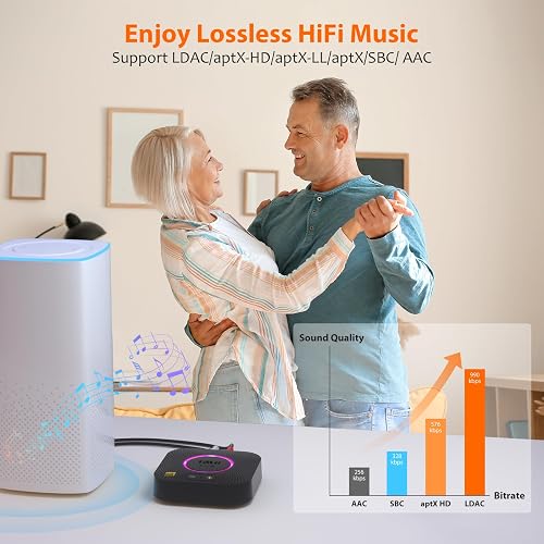 1Mii B06S+ LDAC Bluetooth 5.3 Receiver for Home Stereo Hi-Res Music Streaming, Hi-Fi Wireless Audio Adapter w/aptX HD Low Latency, Long Range Bluetooth Audio Receiver Volume Control, RCA/3.5mm Outputs - 3