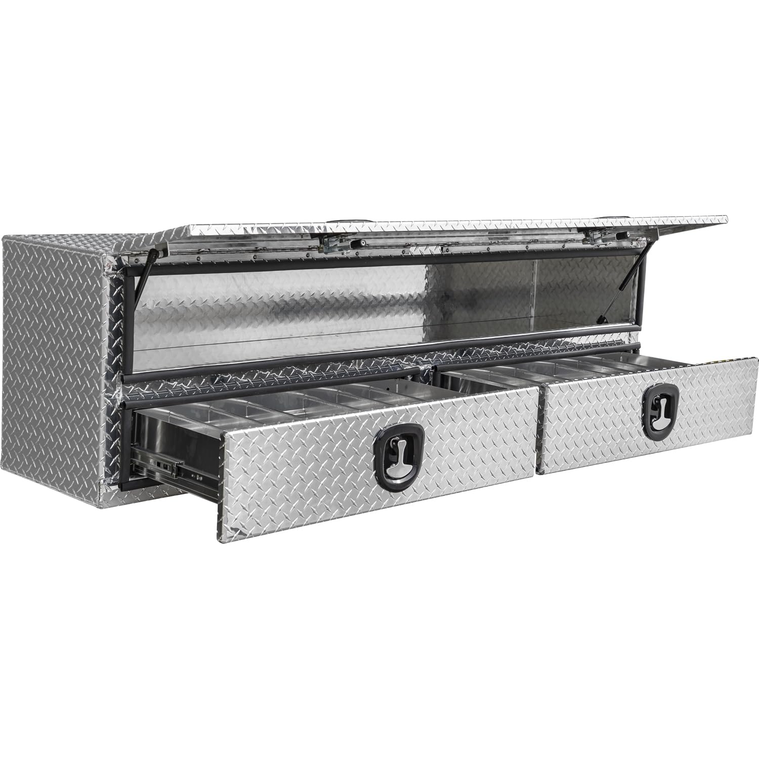 Buyers Products 1701678 Aluminum Heavy-Duty Flatbed Contractor Truck Tool Box with Lower Drawers, Silver Aluminum Diamond Tread, 21x18x72 in Dual-Tier