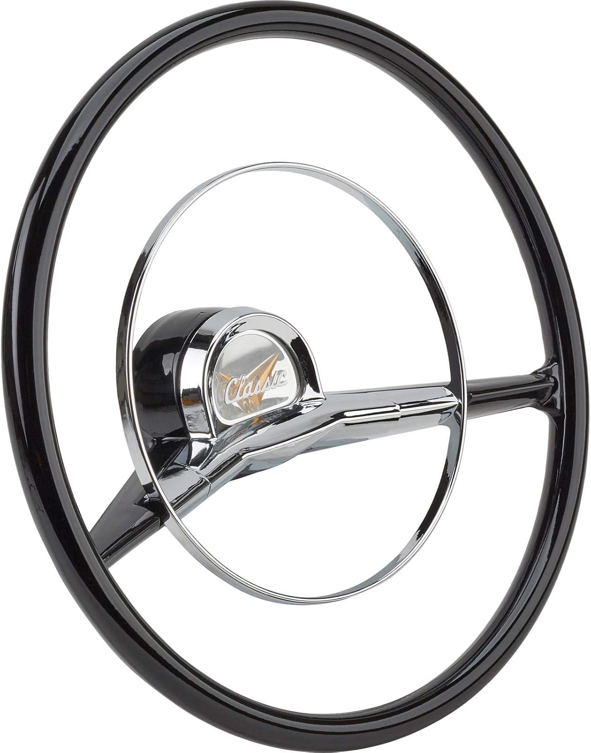Speedway Motors 15 Inch Black Steering Wheel with Chrome Horn Ring and Center Cap, Direct Fit Replacement for Stock Column Using Original Hardware, compatible with 1957 Chevy