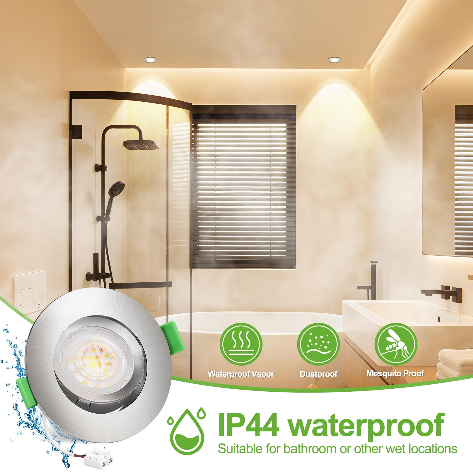 YindaLux Faretti da incasso 230V 5W Dimmerabile 2700K 4000K 6000K, Girevole a 45°, GU10 Faretti led soffitto Nichel, Diametro Foro Ø68-80mm, IP44 Faretto led da incasso per cartongesso, Set di 6