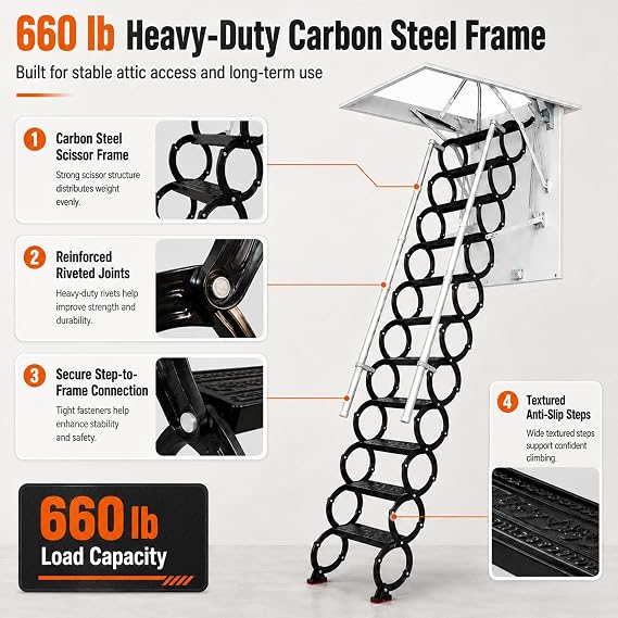 Ceiling Mount Attic Ladder, Retractable Attic Ladder Ceiling Pull Down System, 12 Steps Folding Loft Step with Armrests, Hidden Mount Attic Extension Stairs for Garage(Black, Step 12)