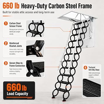 Ceiling Mount Attic Ladder, Retractable Attic Ladder Ceiling Pull Down System, 12 Steps Folding Loft Step with Armrests, Hidden Mount Attic Extension Stairs for Garage(Black, Step 12)