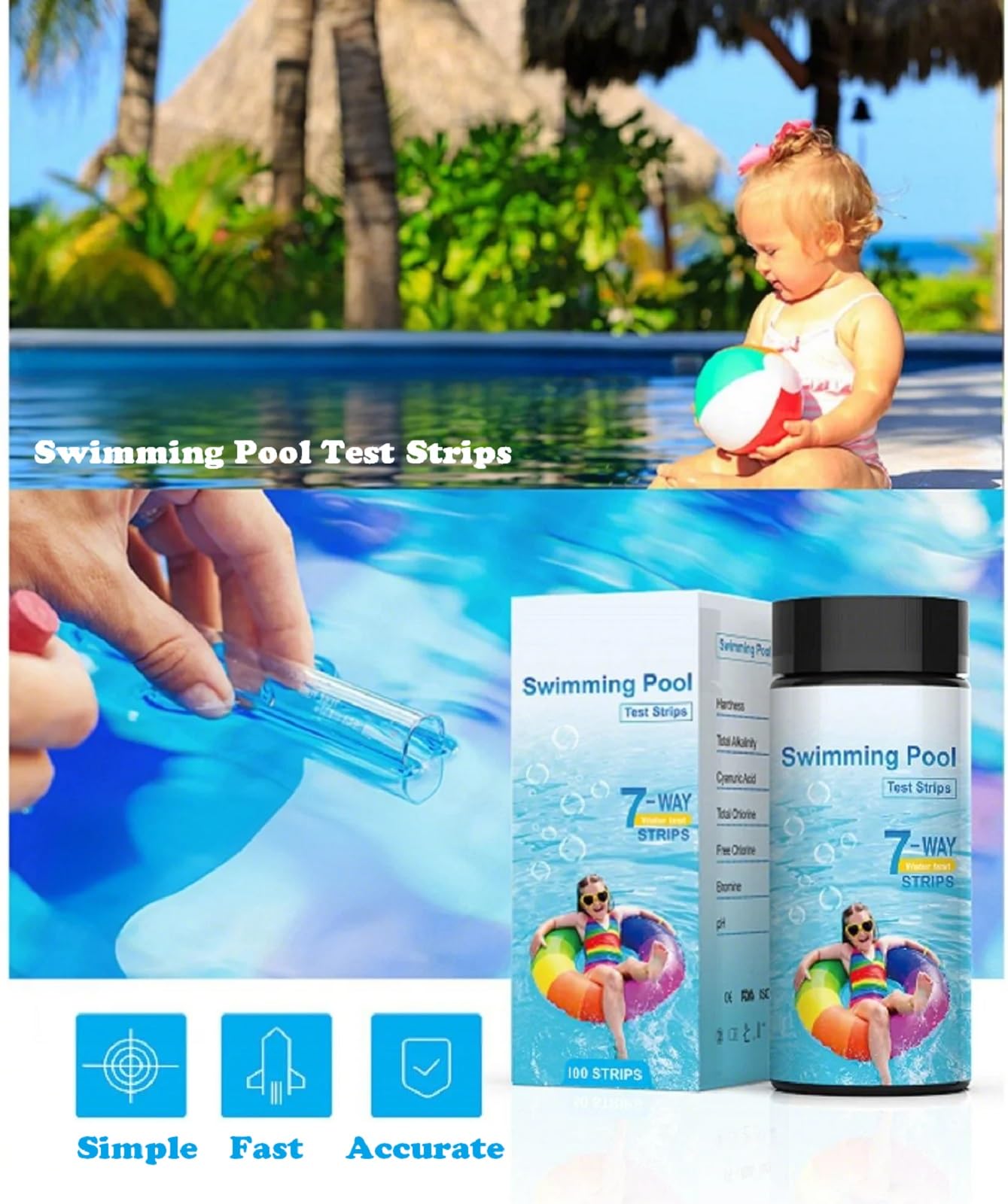 Paski testowe 7 w 1 do basenu, 100 sztuk, szybki test pH, kwasu cyjanurowego, całkowitej twardości, chloru, bromu, basenu, spa, jacuzzi