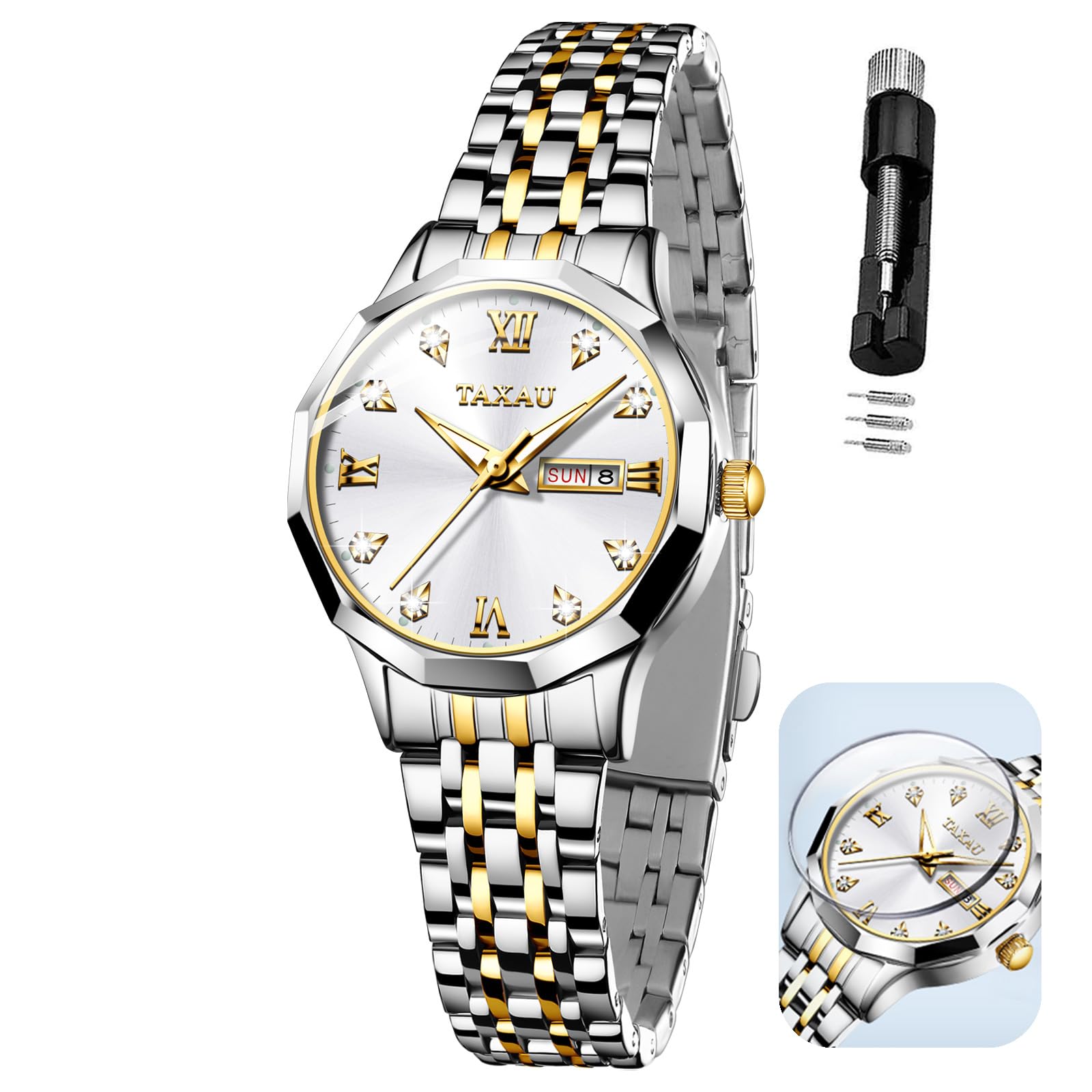 Taxau Womens Watches Roman Numeral Diamond Stainless Steel Waterproof Watches for Women with Date Day Women Wristwatch, Gold silver white face, modern minimalist (B0CPV9MXJT) Amazon Price History, Amazon Price Tracker