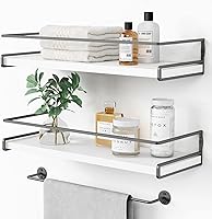 Forbena White Floating Shelves Set of 2: Bathroom Organizer Over Toilet with Towel Rack, Wall Mounted Corner Shelf for Kitchen Bedroom Storage (White-Dark Grey)
