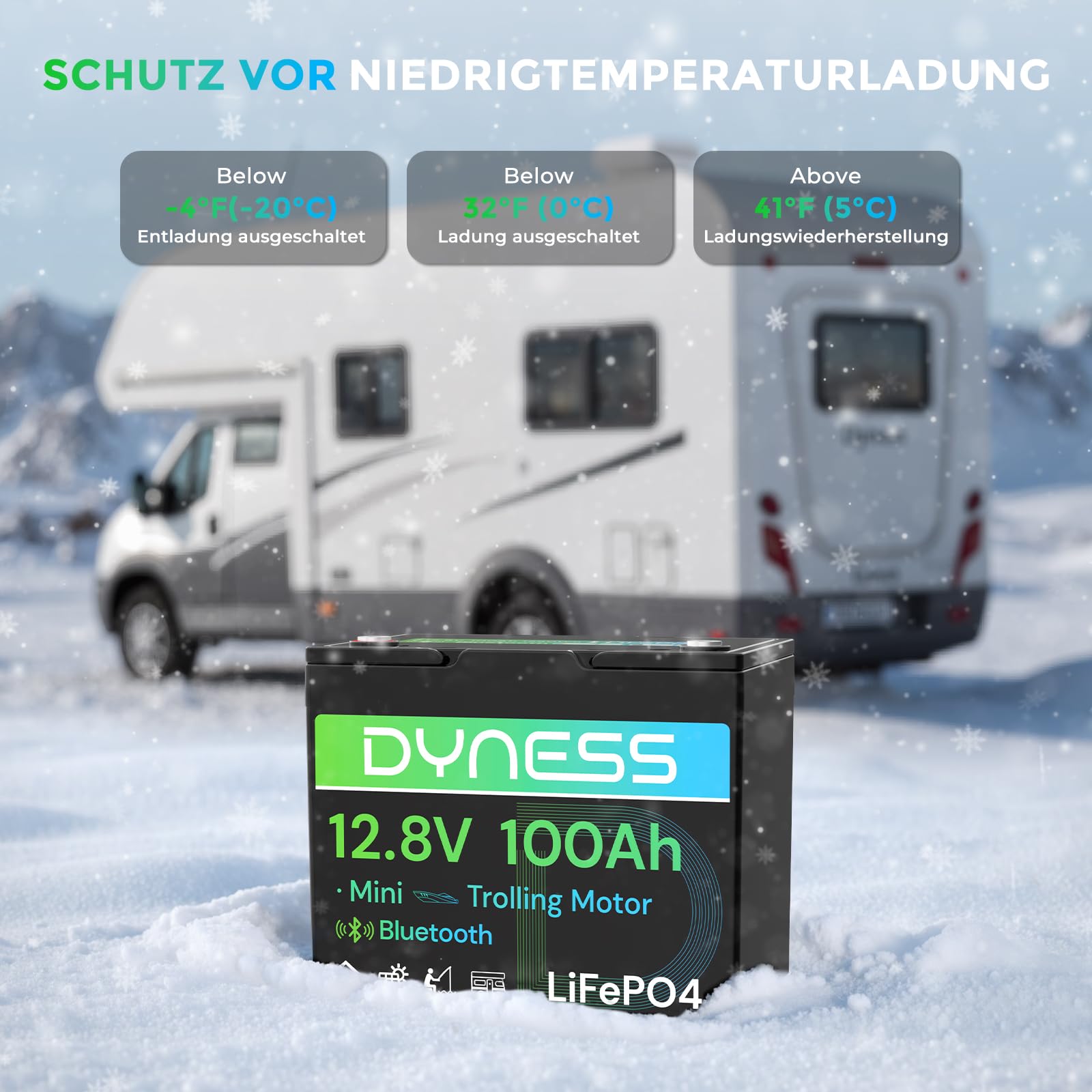 Dyness LiFePO4 12V 100Ah Lithium Batterie Bluetooth Mini mit 100A BMS, Max.15000 Zyklen, 12V Deep Cycle Lithium Eisenphosphat Batterie für Wohnwagen, Solar Home Systeme, Boote
