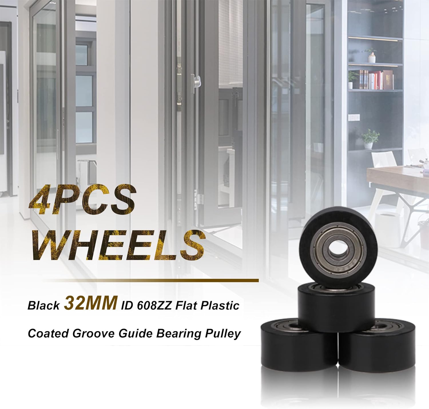 BQLZR 32x8x16MM Black 608ZZ Bearing Flat Groove Ball Bearing Guide Pulley Wheels Roller 149KG Load Bearing Furniture Pulley Pack of 4