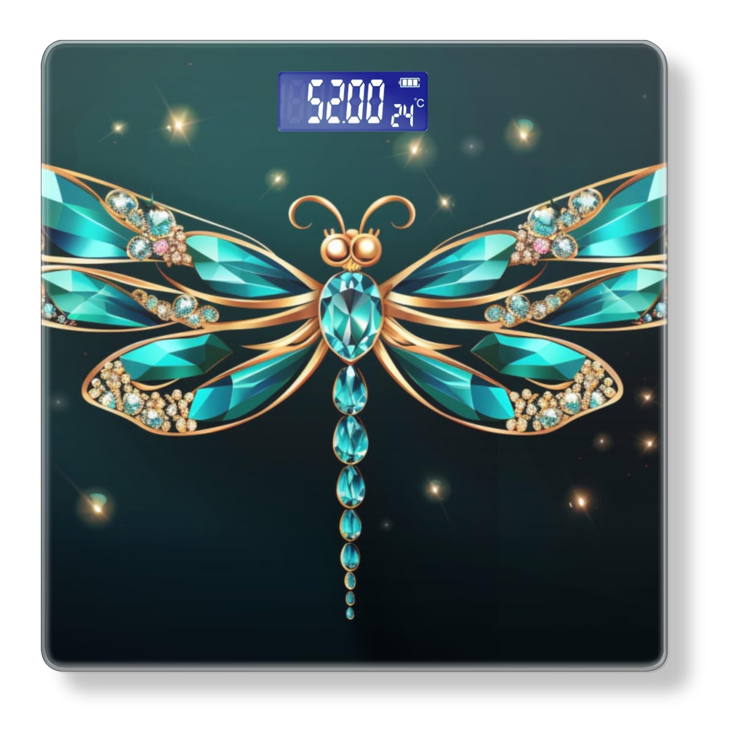 Digital Scale for Body Weight Highly Precision Bathroom Weight Scale 400 lbs with Backlit Display Personalized Scale for Home-Cartoon Dragonfly with Teal Gemstones and Golden Wings