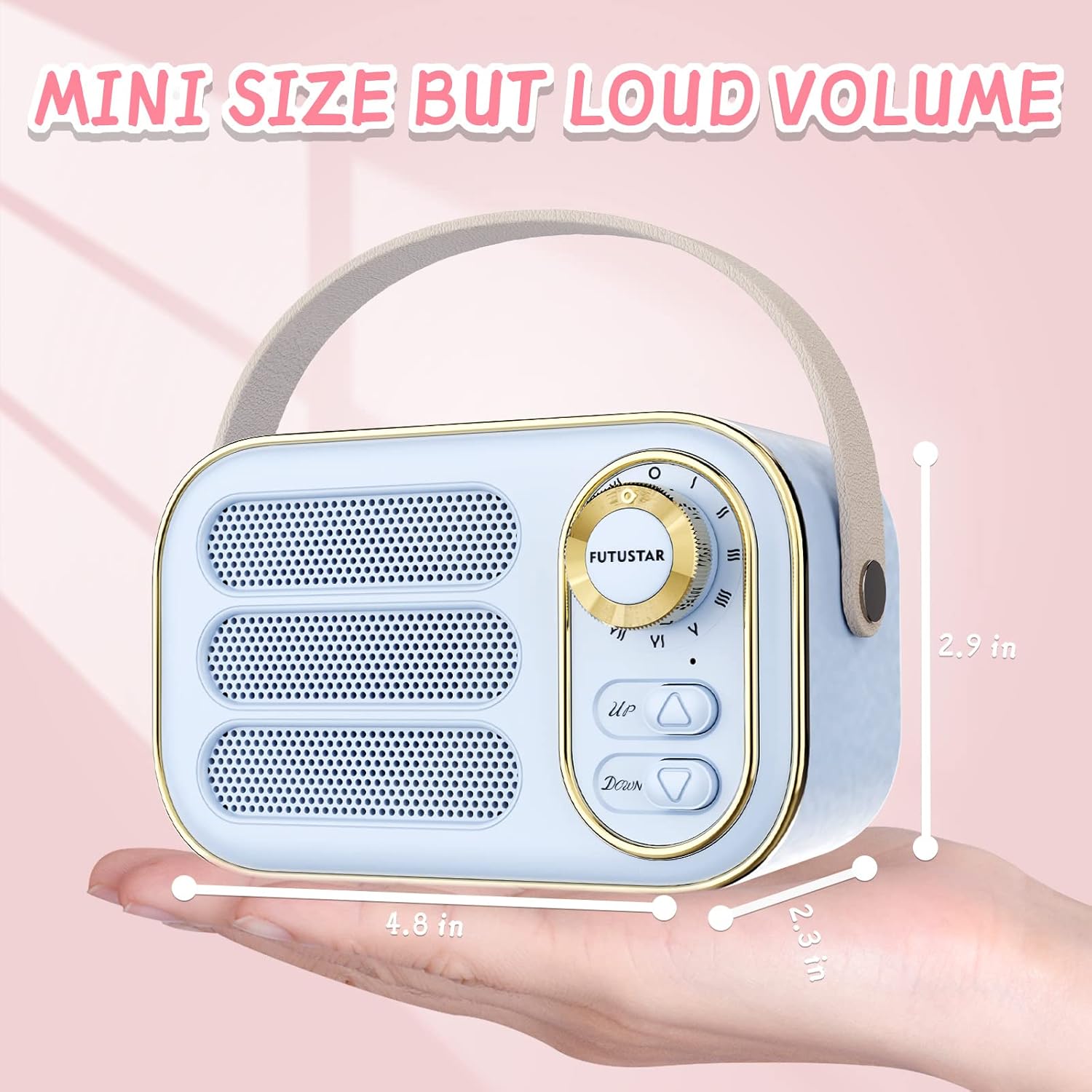 Speaker dimensions: 4.8 inches wide, 2.9 inches high, 2.3 inches deep