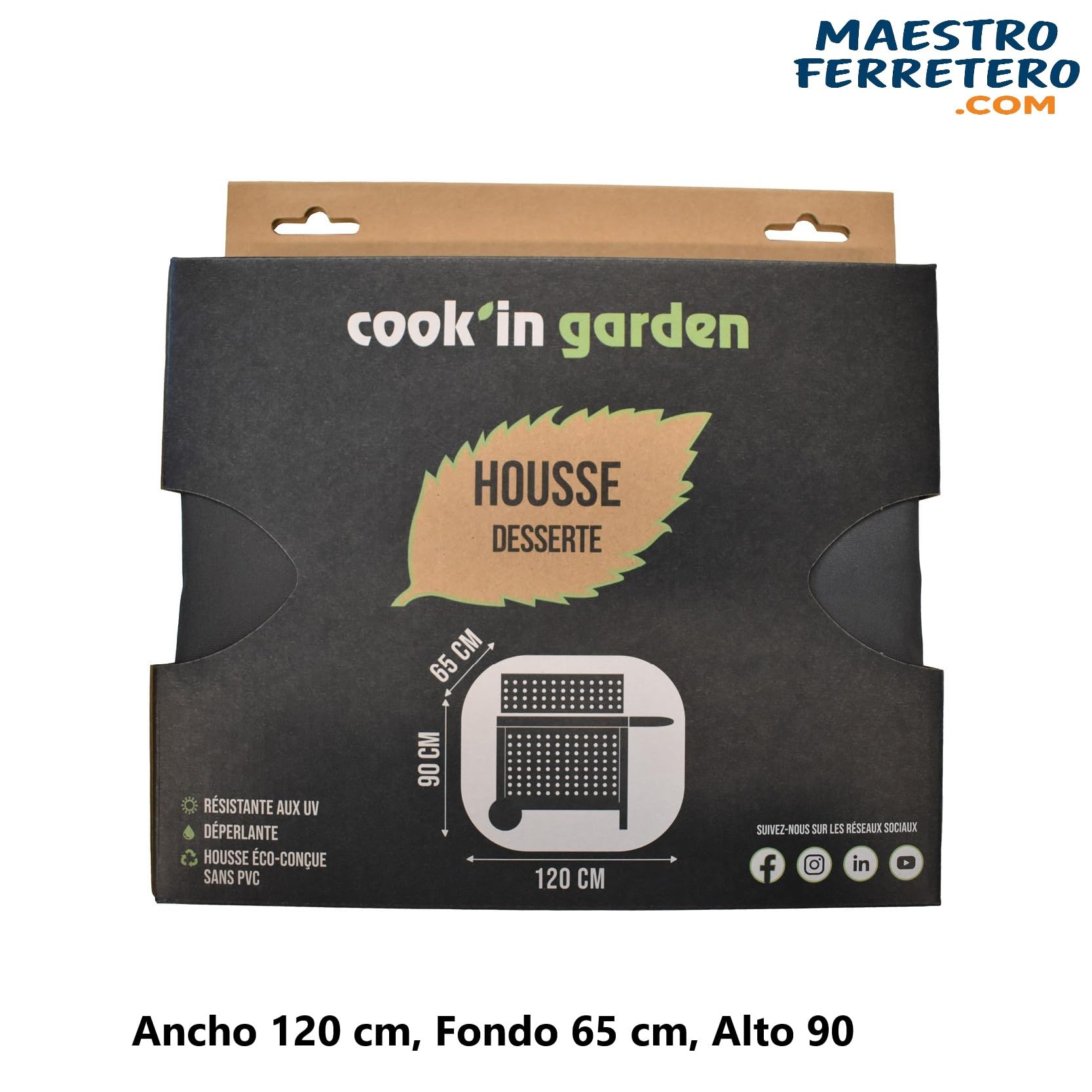 Cook'in Garden - Housse Imperméable et Déperlante pour Barbecue & Desserte, 120 x 65 x 90 cm, Protection Extérieure Face aux UV, Fixation Facile avec Scratch, pour Toutes Marques et Modèles de BBQ