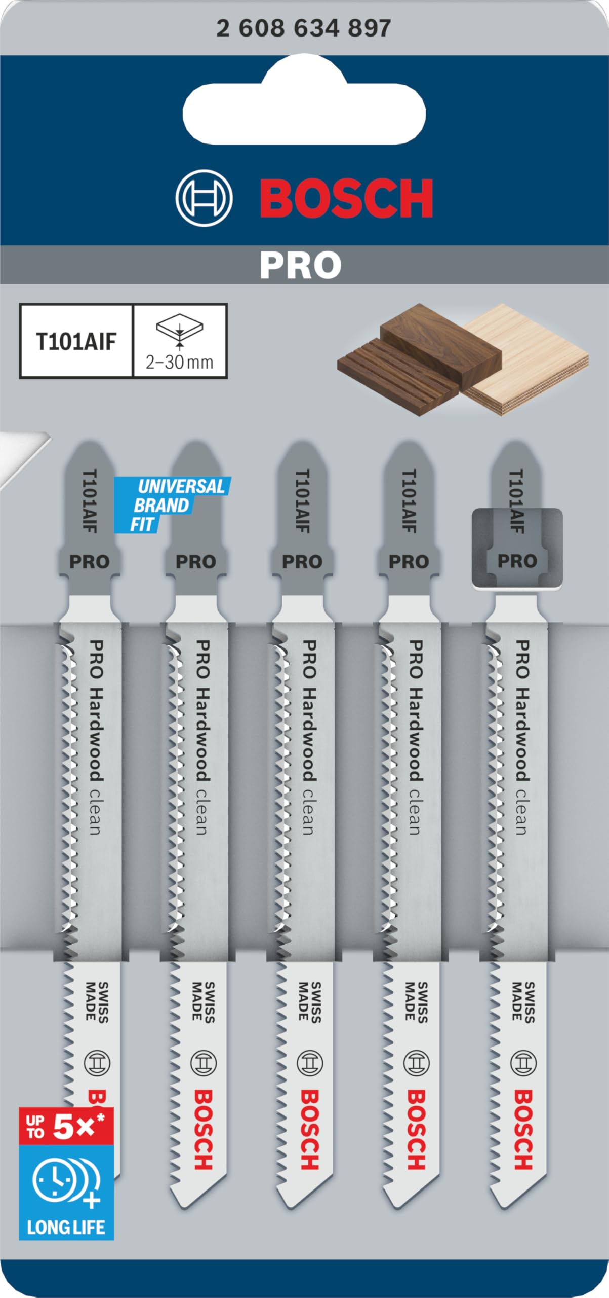 Bosch Professional 5 x dekupaj testere bıçağı T 101 AIF Clean sert ahşap için (sert ahşap, düz kesim, dekupaj testeresi aksesuarı)