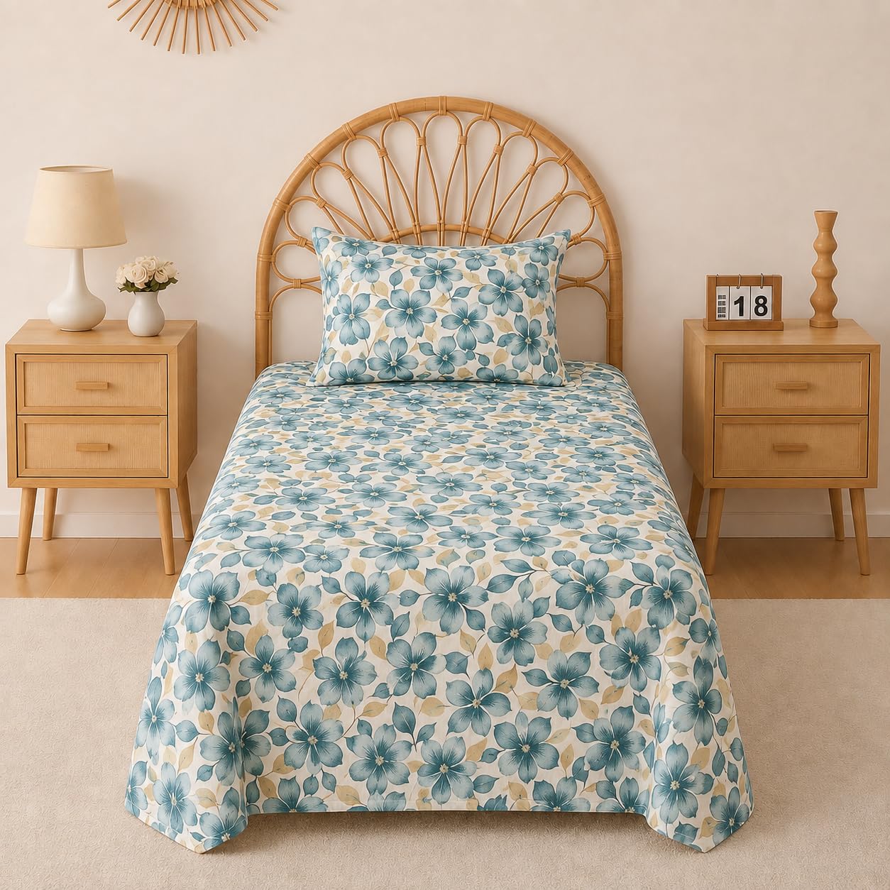 VAS COLLECTIONS 240 TC Premium Cotton Single Bedsheet, Soft Breathable Comfortable Floral Printed Bed Sheet, Elegant Durable Bedding for Bedroom, Easy Care Single Bed Cover,60 x 90 Inches - Aquamarine