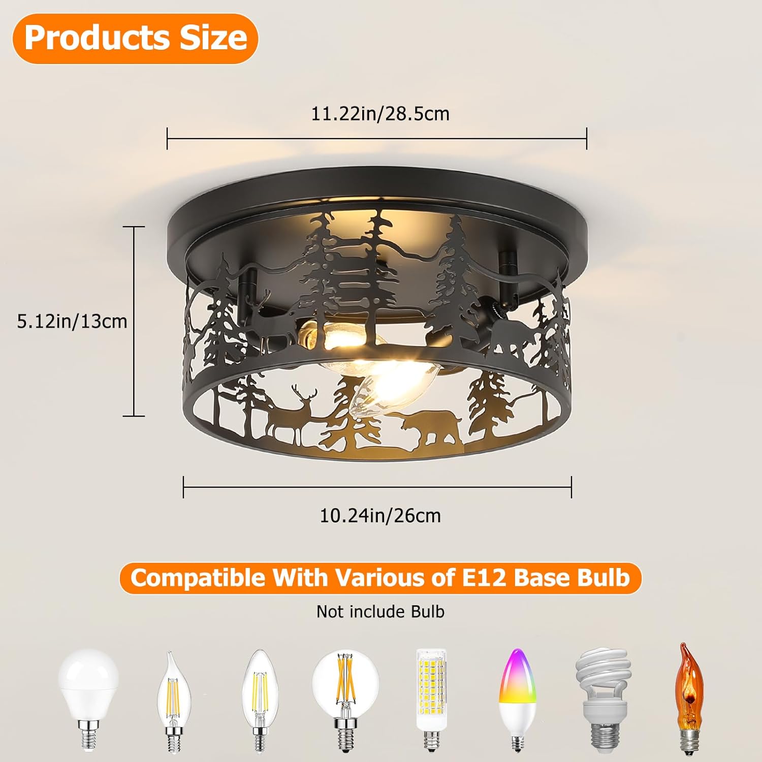 2 Pack Rustic Farmhouse Flush Mount Ceiling Light, 2-Light Black Metal Bear Design E12 Round Ceiling Light Fixture, for Kitchen, Bedroom, Foyer, Cabin Lighting (Bulbs Not Included)