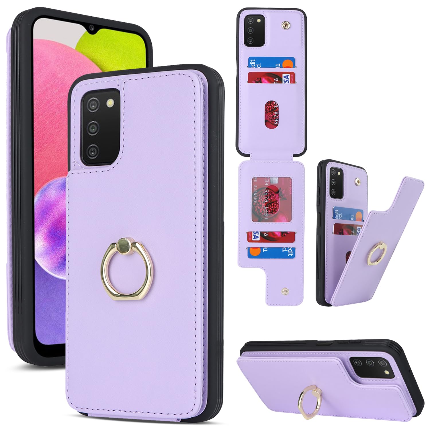 Lipvina Funda para Samsung Galaxy A03s con tarjetero, funda para Galaxy A03s para mujer, tarjetero de crédito, soporte de anillo y bloqueo RFID para teléfono de 6.5 pulgadas (morado)