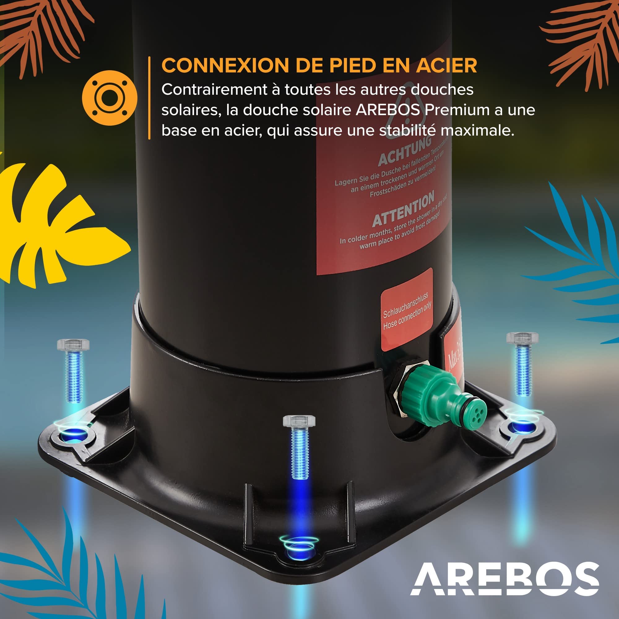 AREBOS Douche Solaire de 40 l Premium Noire avec Socle Anthracite | Socle en Acier | Douchette Manuelle Amovible