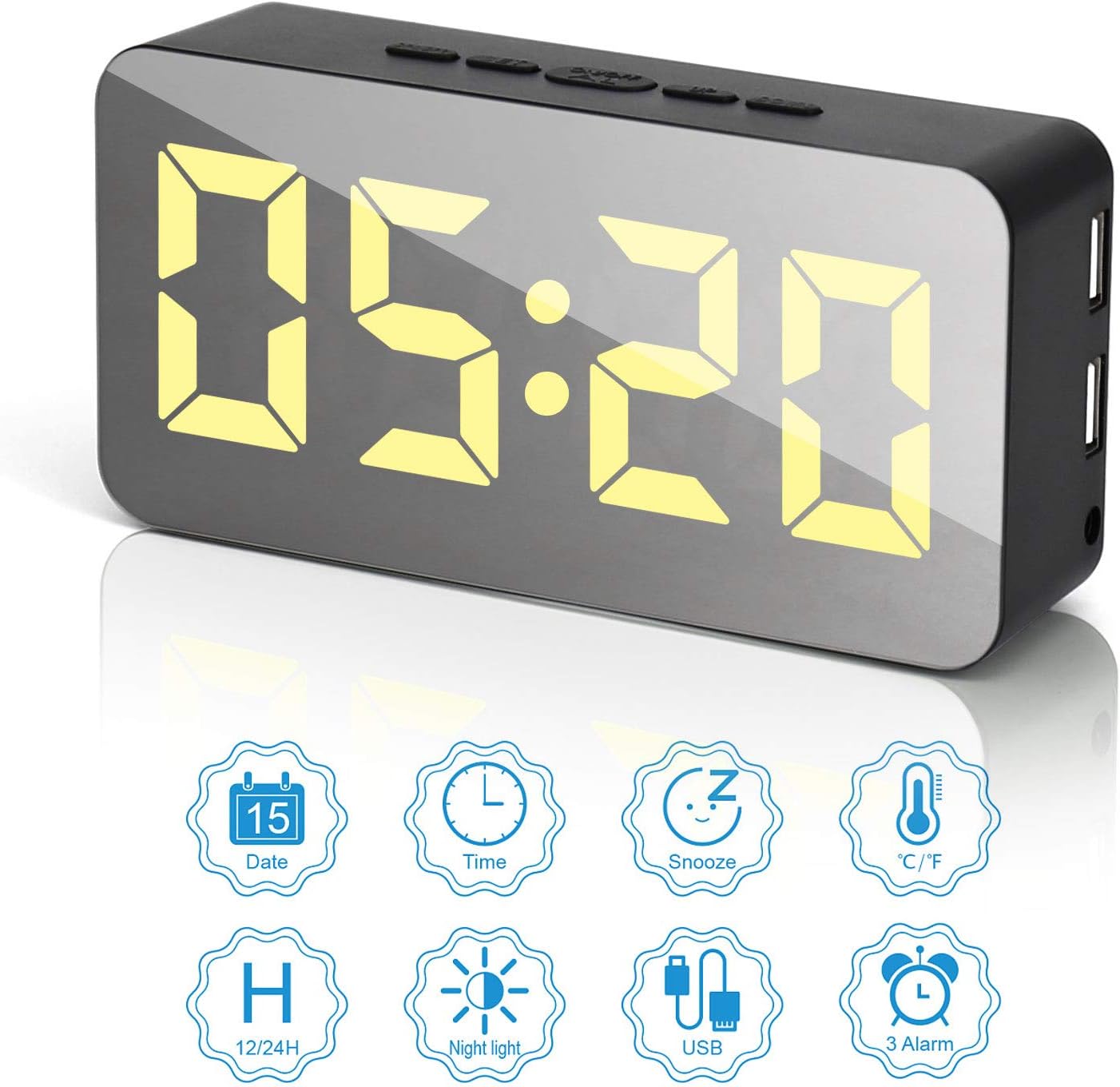 Digital Alarm Clock, LED Adjustable Brightness Voice Control Mirror Effect Desk Alarm Clock with Day/Date/Temperature and Humidity Detection USB/Battery for Bedroom School Travel(Black)