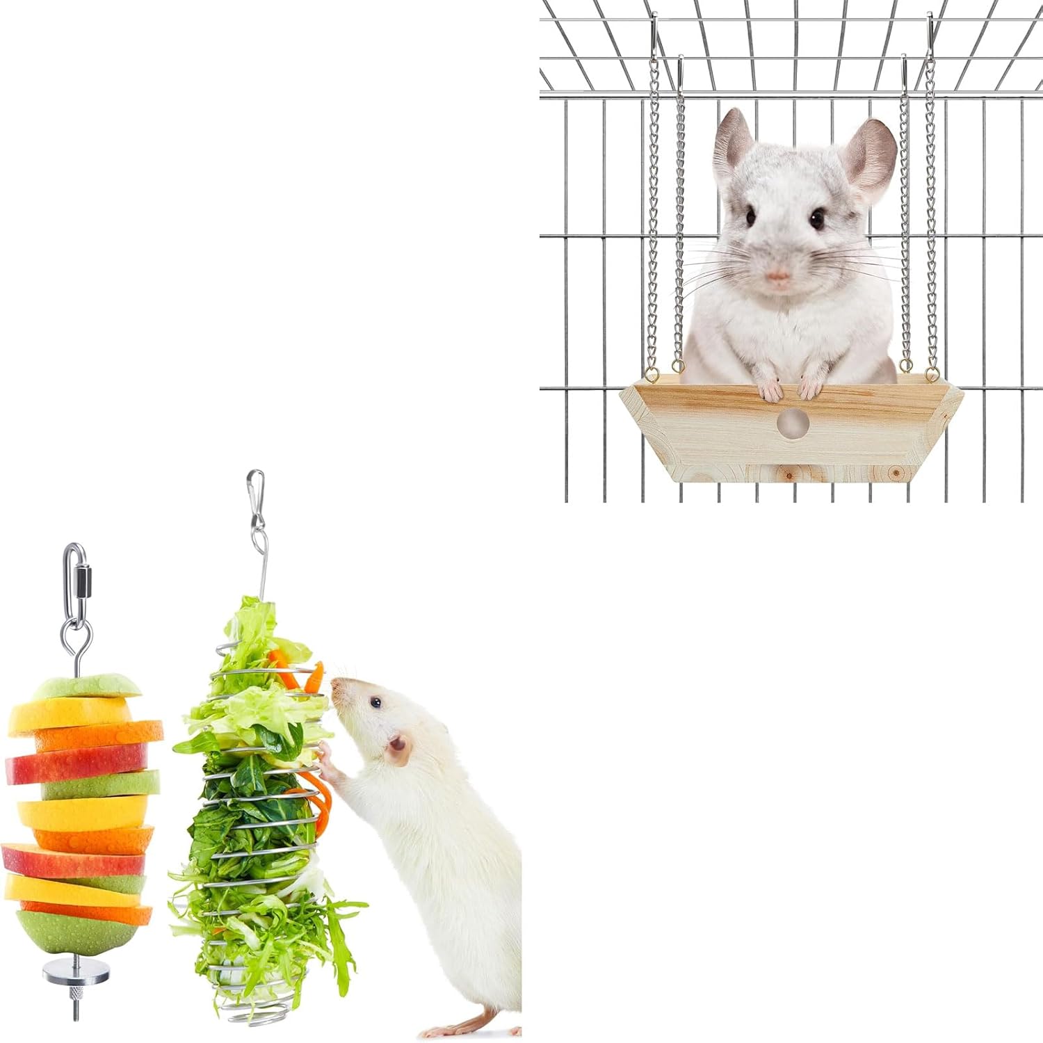 Natural Wood Chinchilla Hammock and Stainless Steel Rat Foraging Toys Set - Cage Swing Bed with Adjustable Fruit Holder for Small Pets