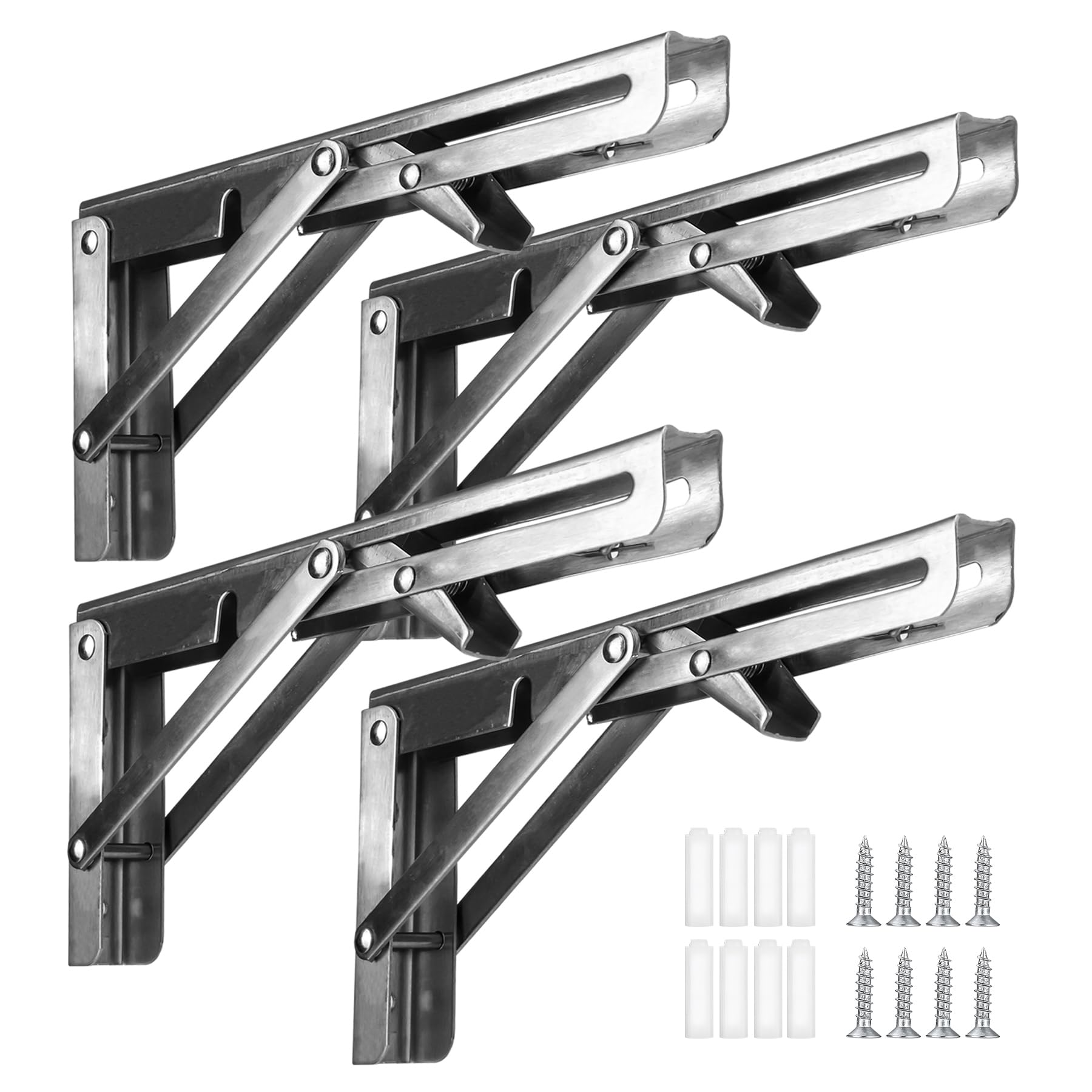 Vivikivi 4 PCS Wall-Mounted Folding Shelf Brackets, Heavy Duty Table Brackets Supports Space Saving Folding Hinge for Home Kitchen Office Max Load 220 lbs/100 kg (Silver, 8 inch)