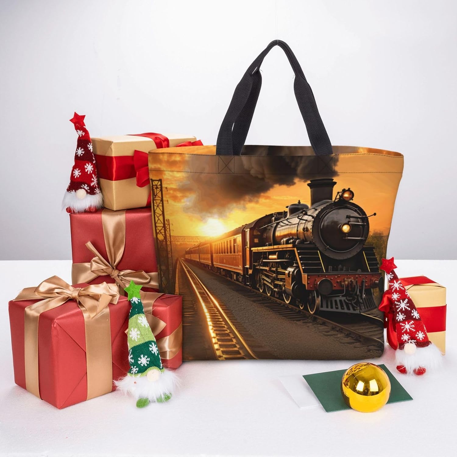 Steam Train Print Eco-Friendly Tote Lightweight Grocery Bag Daily Commuting Travel Beach Gym Use