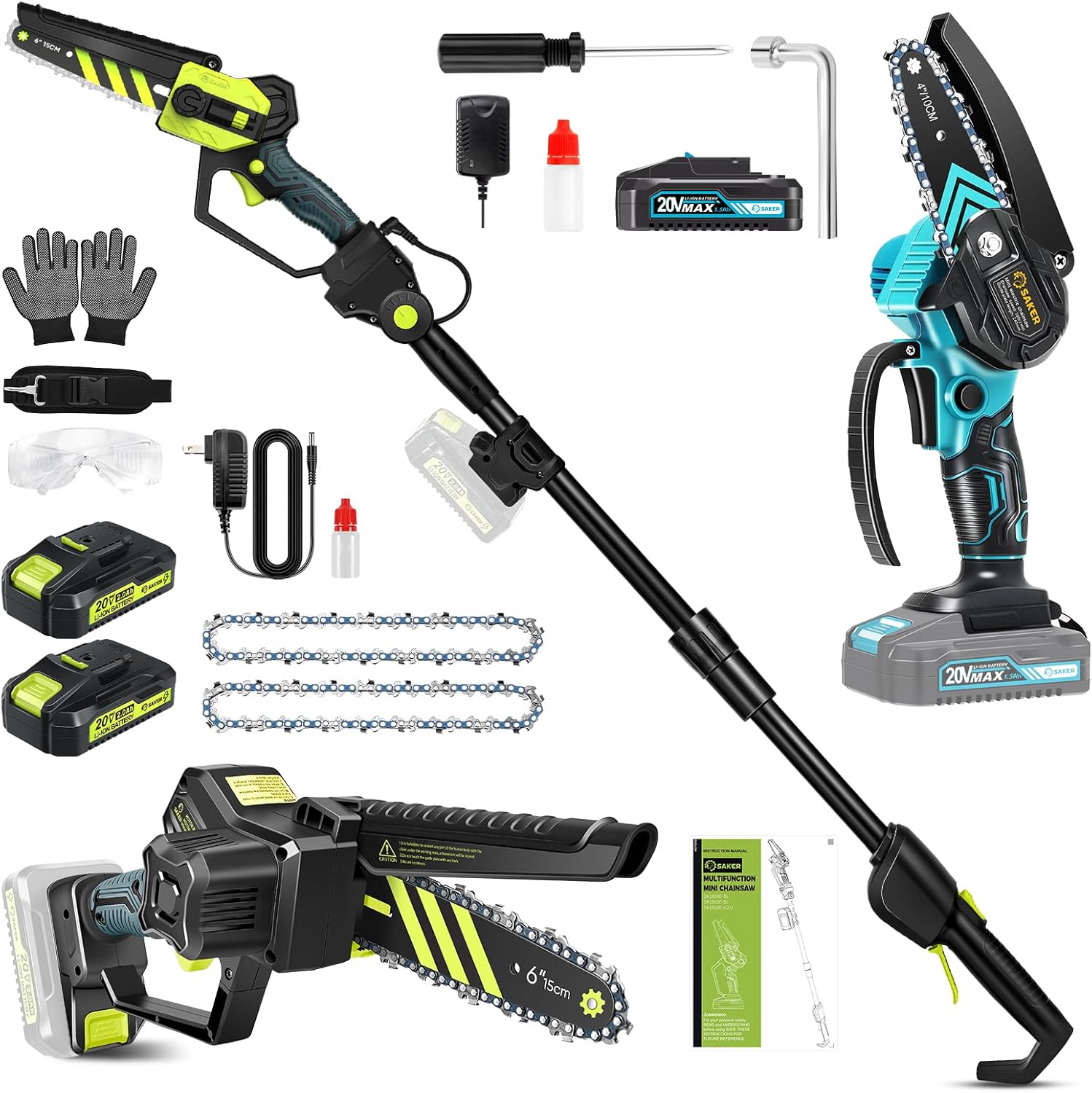 Saker Mini Chainsaw and Saker Cordless Pole Saw and Mini Chainsaw,2-IN-1 Pole Chainsaw