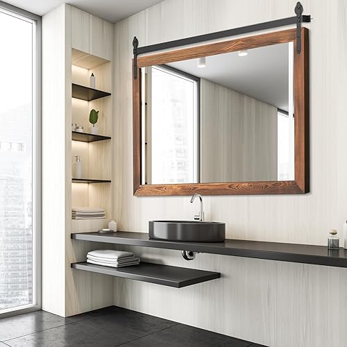 Miniatura 5 de YOSHOOT Espejo de puerta de granero de granja, 40 x 26 pulgadas, espejo de pared con marco de madera rústica, espejo vintage montado en la pared,