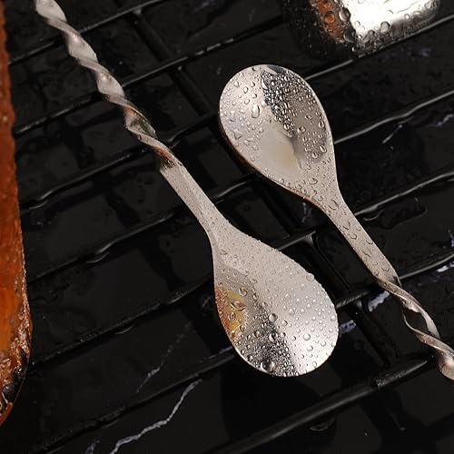 Miniatura 5 de AnSaw Cuchara de cóctel plateada de acero inoxidable de 10 pulgadas con mango de hojas, perfecta para mezclar y colocar bebidas en tazas altas,