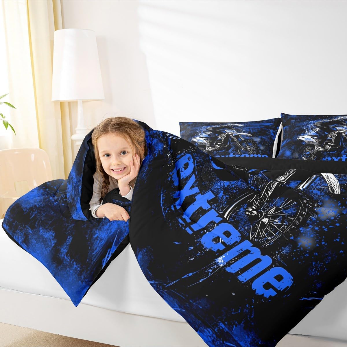 jejeloiu Dirt Bike Comforter Set Twin Size Kids Extreme Sports Bedding Set for Boys Girls Teens Adults, Racing Motocross Rider Duvet Quilt Breathable Soft Lightweight Room Decor 2Pcs Blue
