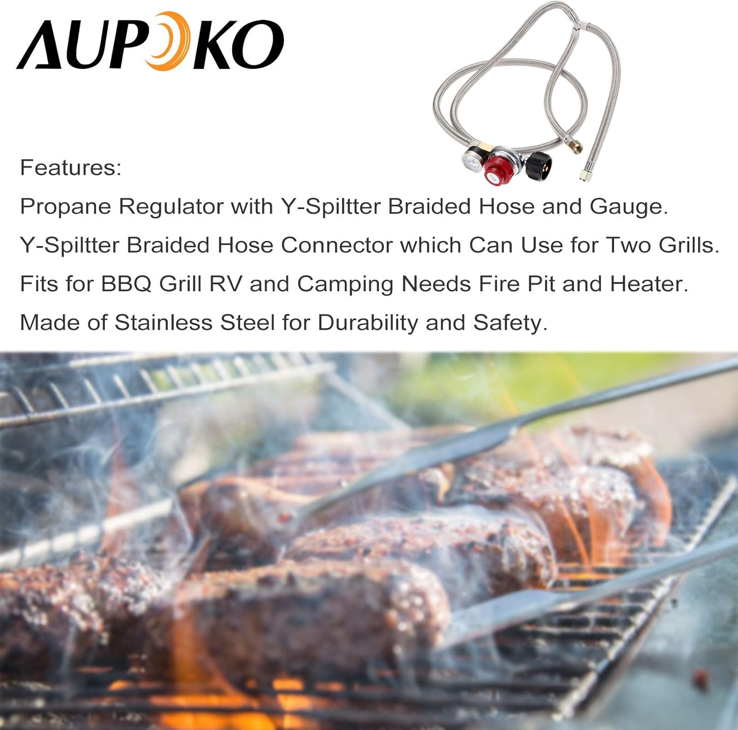 Aupoko Adjustable Propane Regulator Stainless Braided Hose 0-30 PSI with Gauge, 2 Y-Splitter Hose QCC1/Type1 to 3/8" Female Flare Fitting, for Heaters/Grills, Fire Pit High Pressure Regulator Valve