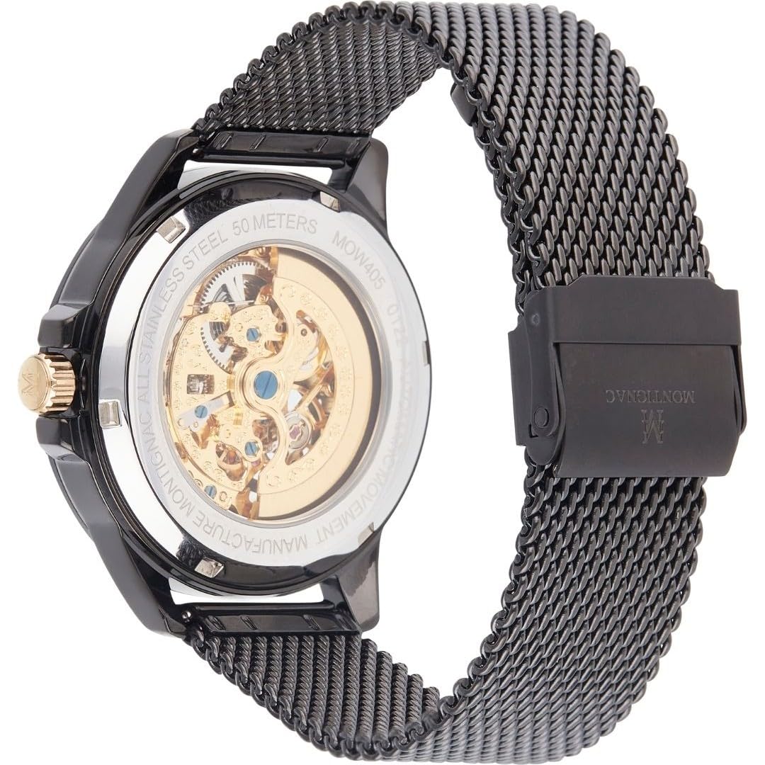 Montignac – Montre Automatique Homme – Cadran Squelette Noir – Index Dorés Romains, Bâtons – Bracelet Maille Milanaise – Boîtier Acier 42 mm – Étanchéité 5 ATM – Style Élégant - MOW405