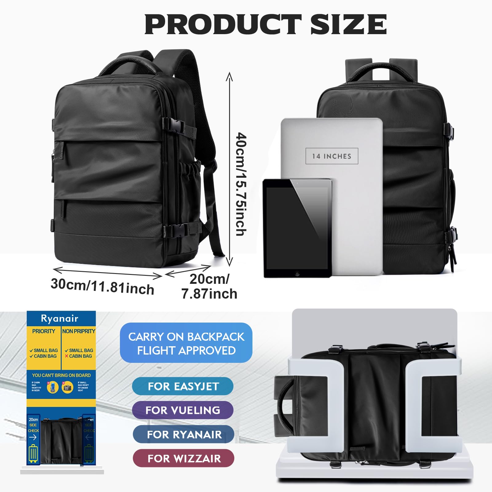 BJLFS Borse da Cabina per Ryanair 40x30x20 Zaino Wizzair Sottovuoto da viaggio 40x20x25 Bagaglio a Mano con compressione sottovuoto,Zaino Easyjet 45x36x20,Zaini Casual per laptop da 14 pollici