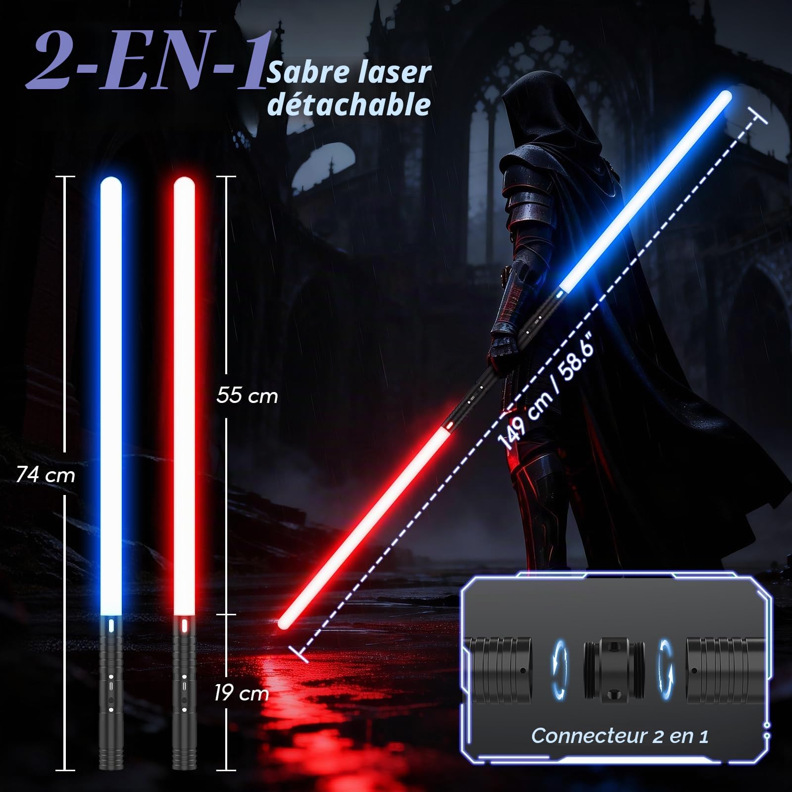 Sabre Laser 2 Pièces, Sabre Laser pour Enfants RGB 15 Couleurs, Epées Laser Rechargeable avec Effets sonores FX, Jouet pour Enfants, Halloween, Jeu de rôle Guerrier Galactique(74CM 2PC)