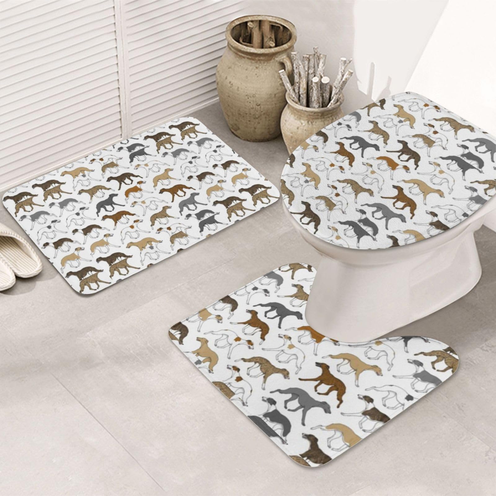 Tapis de bain 3 pièces antidérapants lavables motif Border Whippet