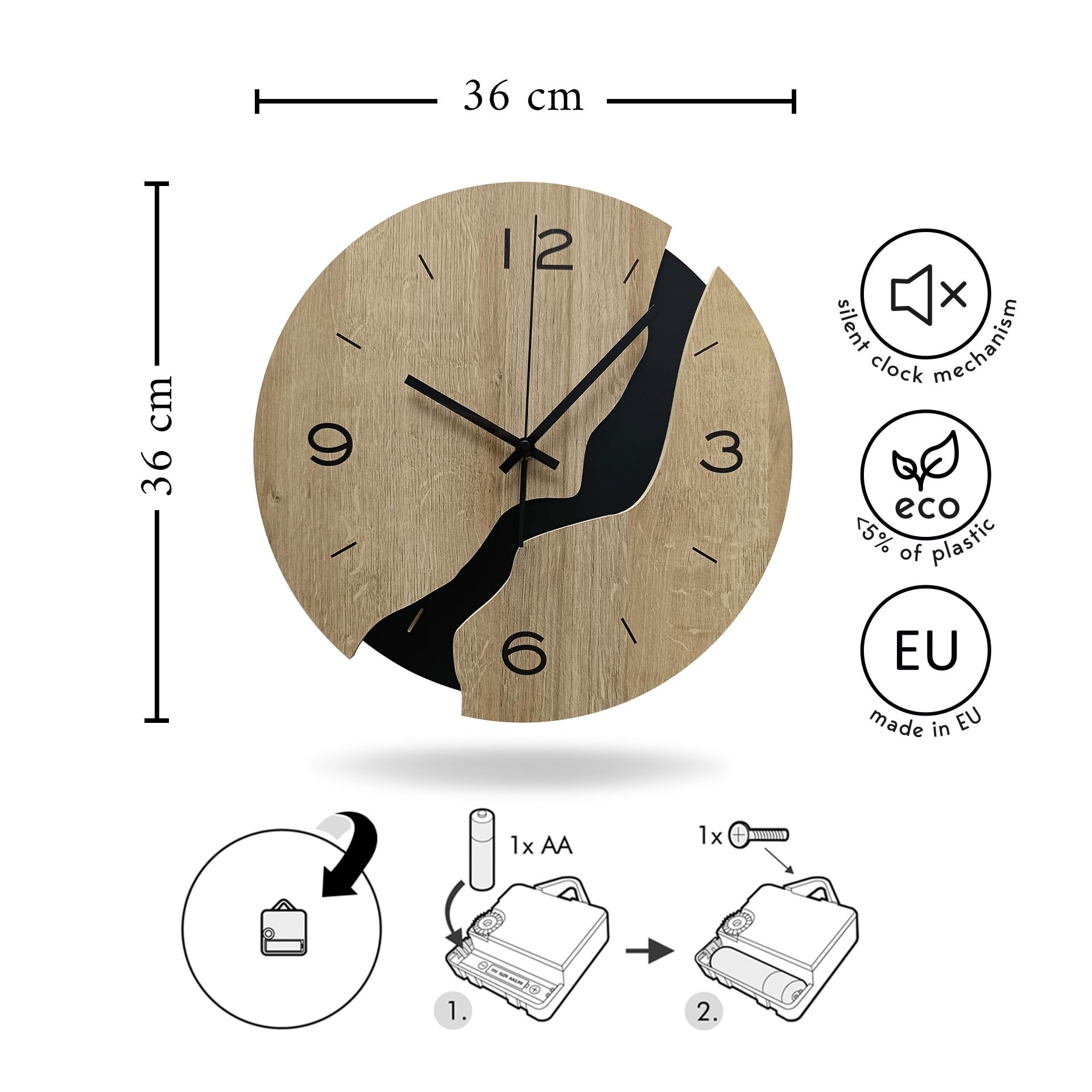 STYLER Wanduhr Billy 36 cm | Lautlose Uhr aus Holz Made in EU – inklusive Wandaufhängung – Wanduhr ohne Tickgeräusche mit Metallzeiger | Wohnzimmer Schlafzimmer Flur Küche | Loft Modern Minimalismus