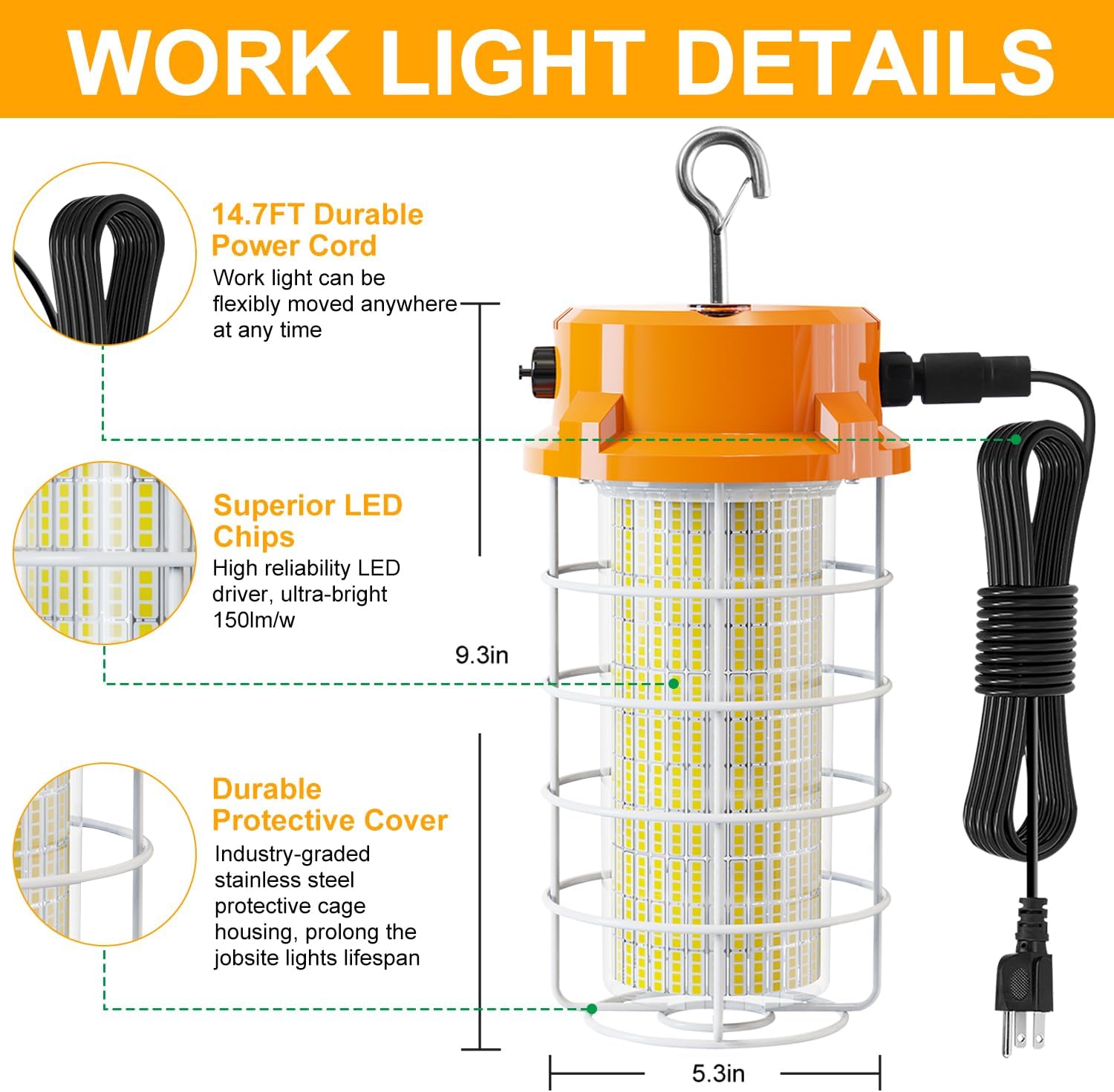 80W LED Temporary Work Light 12000Lm 5000K Construction Lights Led Work Light IP67 Dust Waterproof Portable Lights with Stainless Steel Guard Hook for Mine Wharf Job Site Garage Factory Lighting