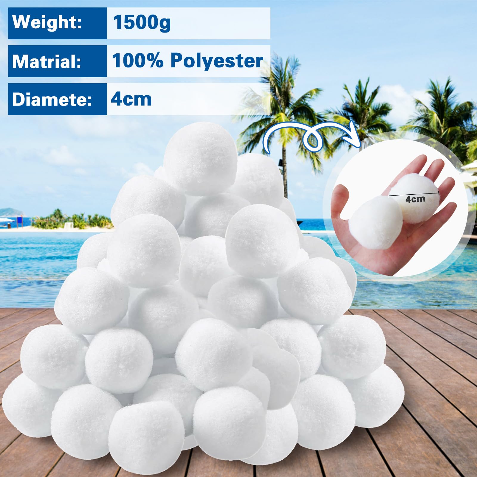 MOYKSRR Bolas Filtro Piscina 1500g, Bola de Filtro de Piscina, Bolas Depuradora Piscina para Sistemas de Filtro de Arena, Reemplaza 53kg Arena de Filtro, Limpiador de Piscinas Sistema de Filtro