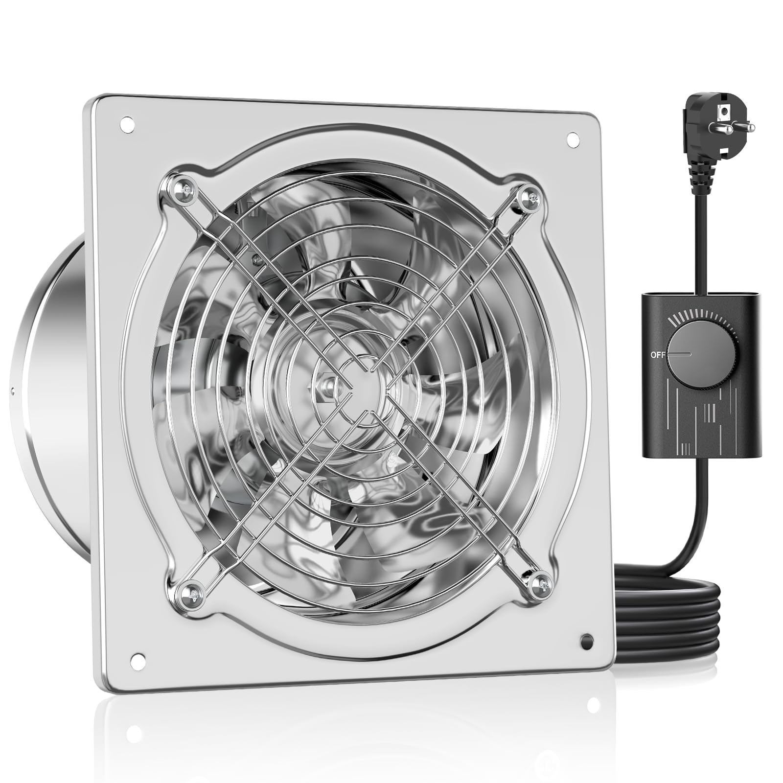 HG Power Ventilador extractor de aire de 200 mm, 980 m³/h, ventilador de pared con válvula de retorno, potente con enchufe de la UE para cocina, baño, garaje, sótano, plata
