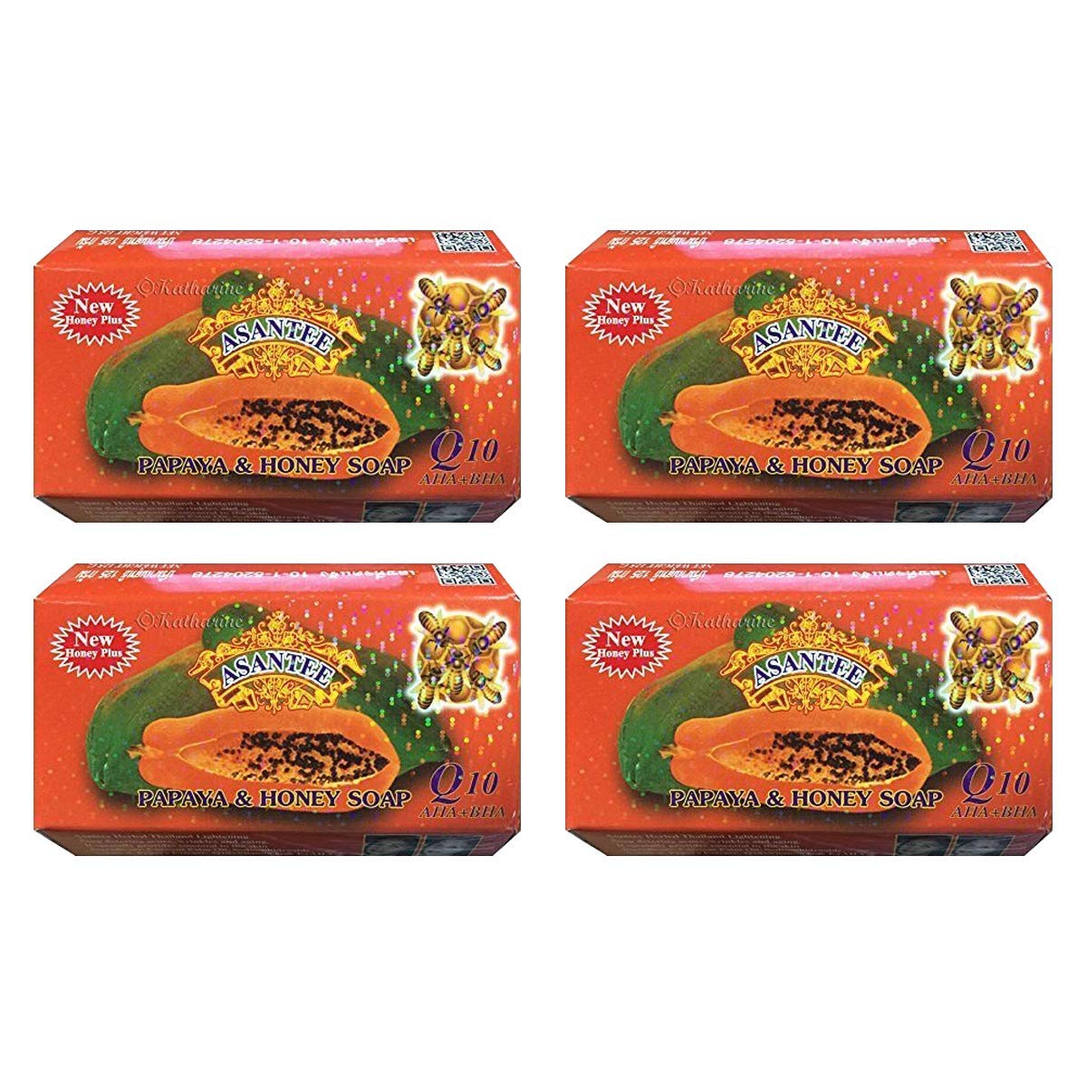 ASANTEE PAPAYA & HONEY Soap Bars with Vitamin C,E and Q10 Skin Cleansing 4.40 Oz (Pack of 4)