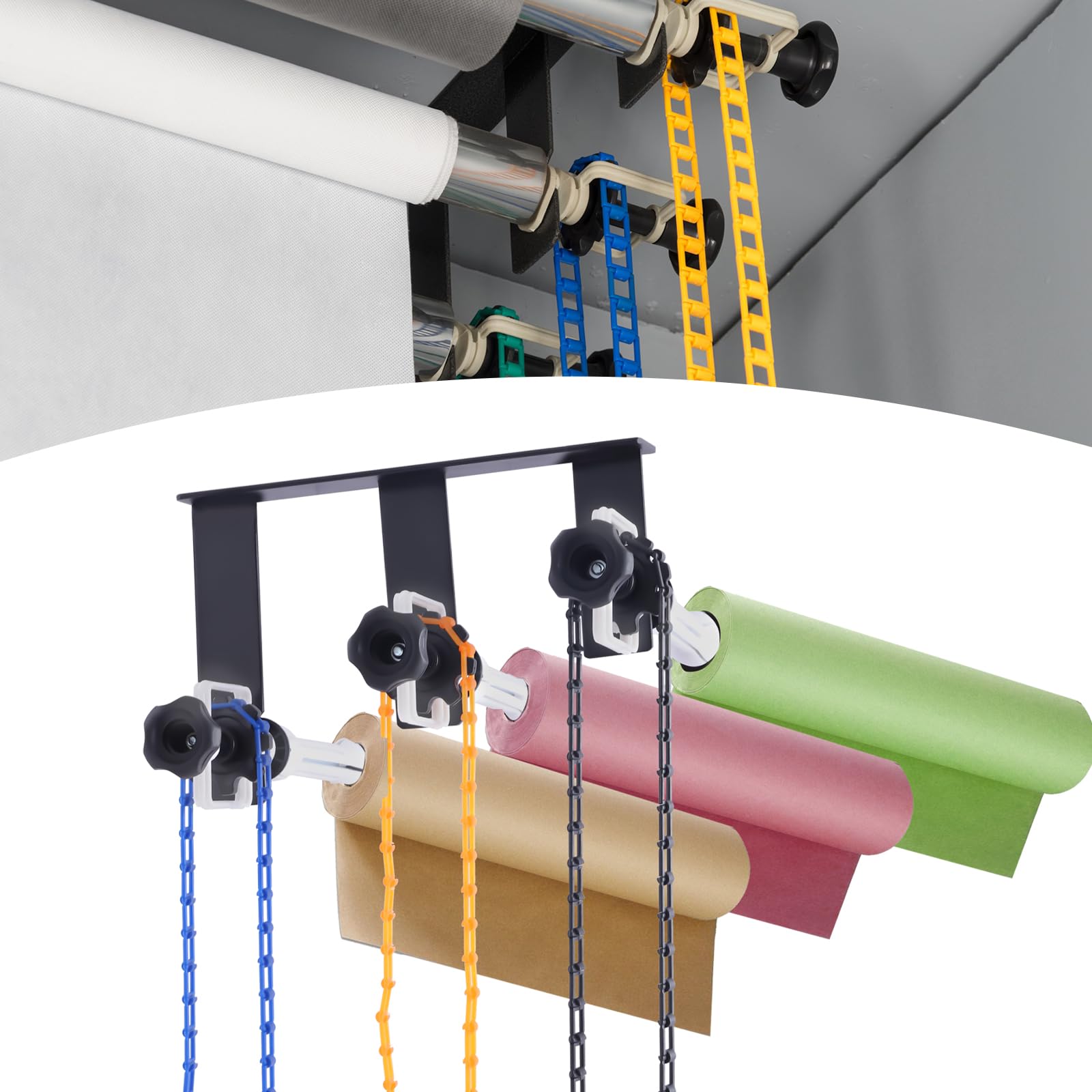 3 Roller Photography Backdrop Wall Mount Roller System with 3 Chains & 6 Brackets Manual Photo Background Ceiling Holder for Home Photo Studio Wedding Background Live Shooting